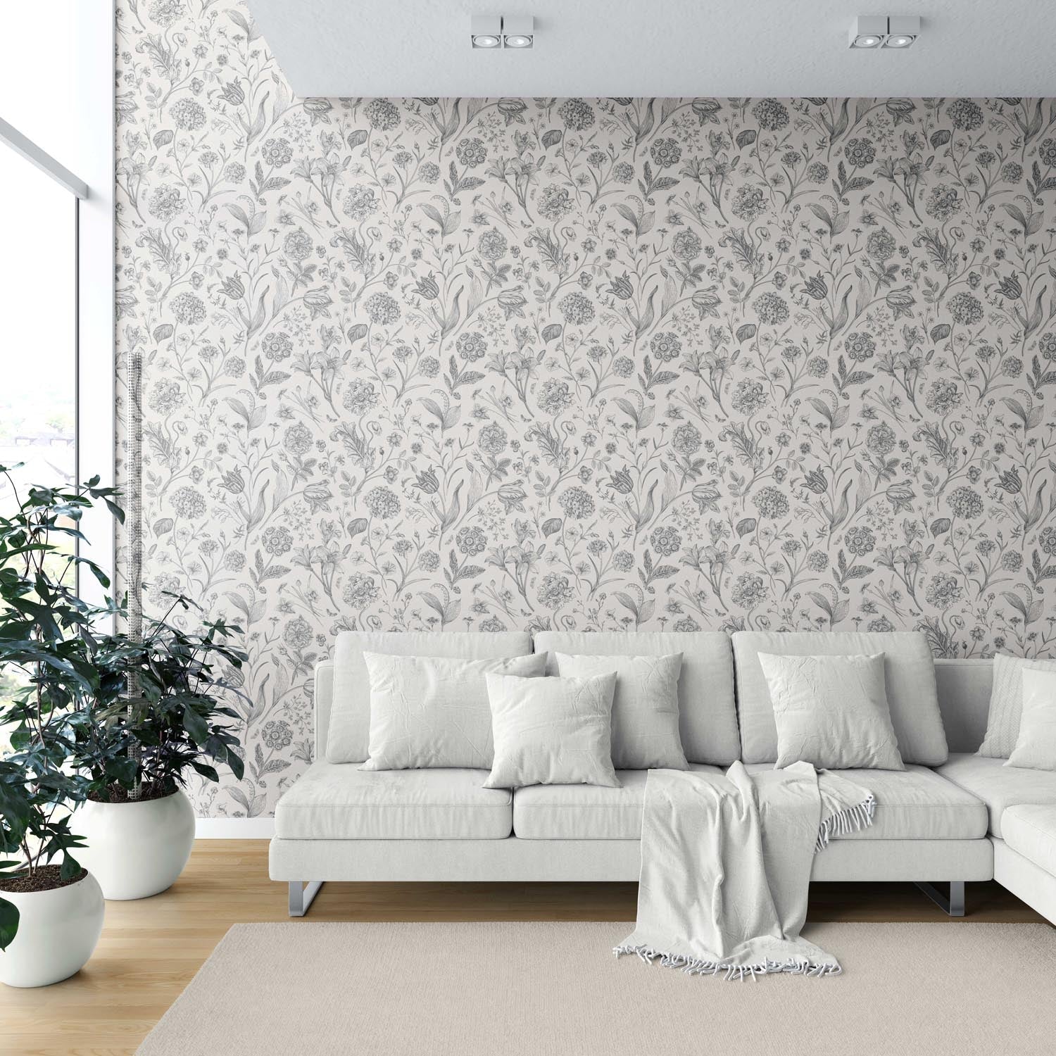 Neutral Floral/ Botanical Shower Toilet Wallpaper (Metallic Gray)
