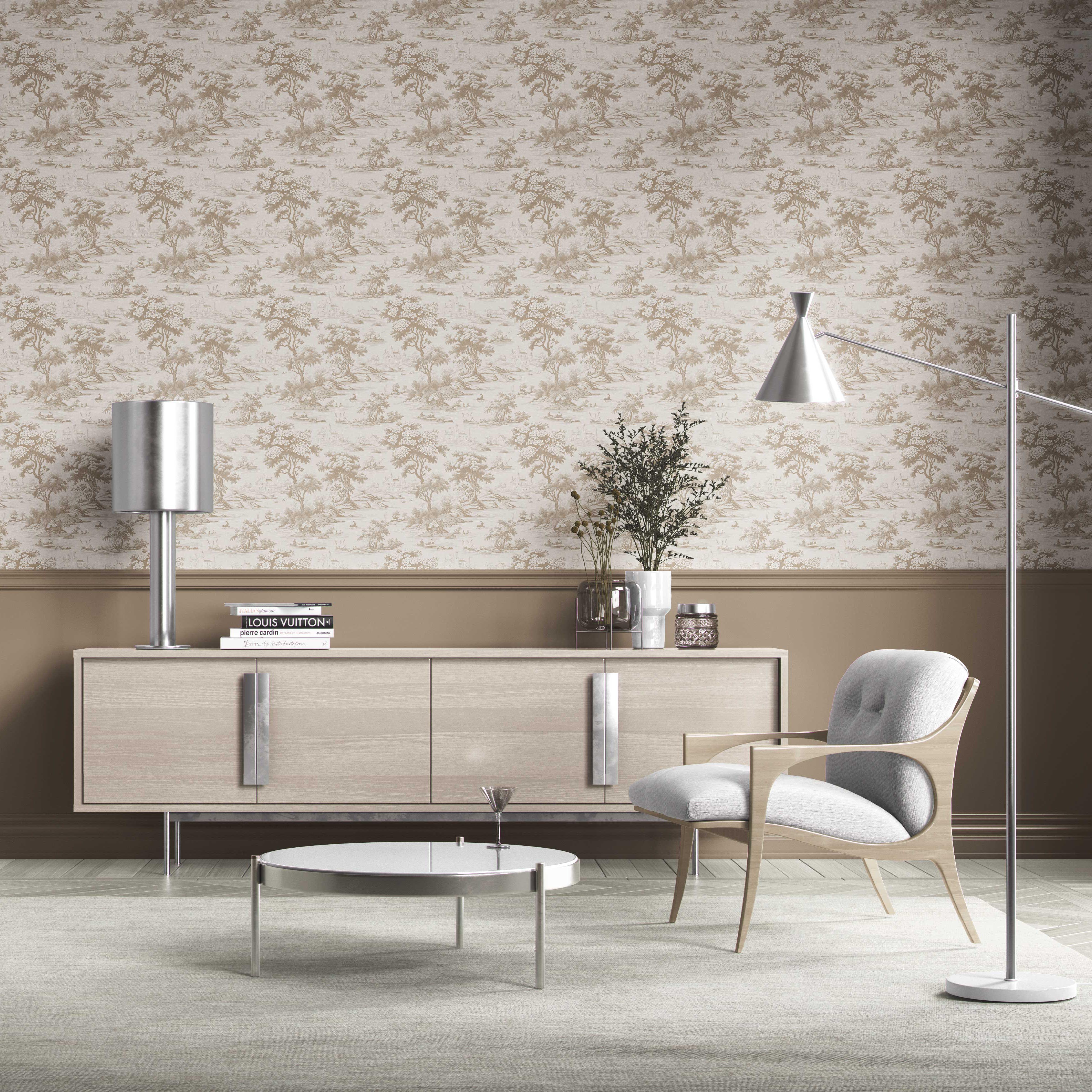Floral Toile de Jouy Nature Print Kitchen Wallpaper (Beige/ Brown/ Taupe)