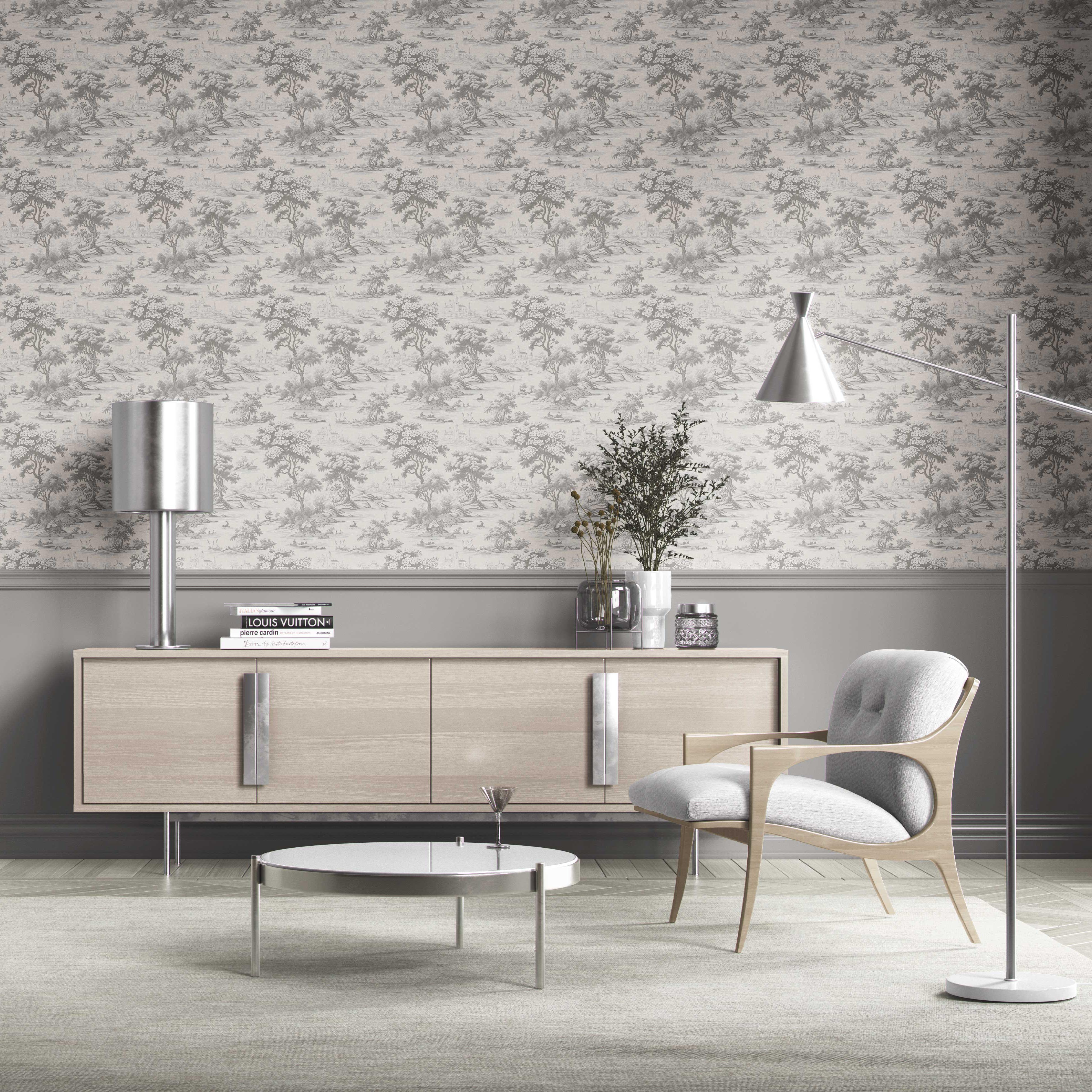 Floral Toile de Jouy Nature Print Kitchen Wallpaper Sample (Silver Gray)