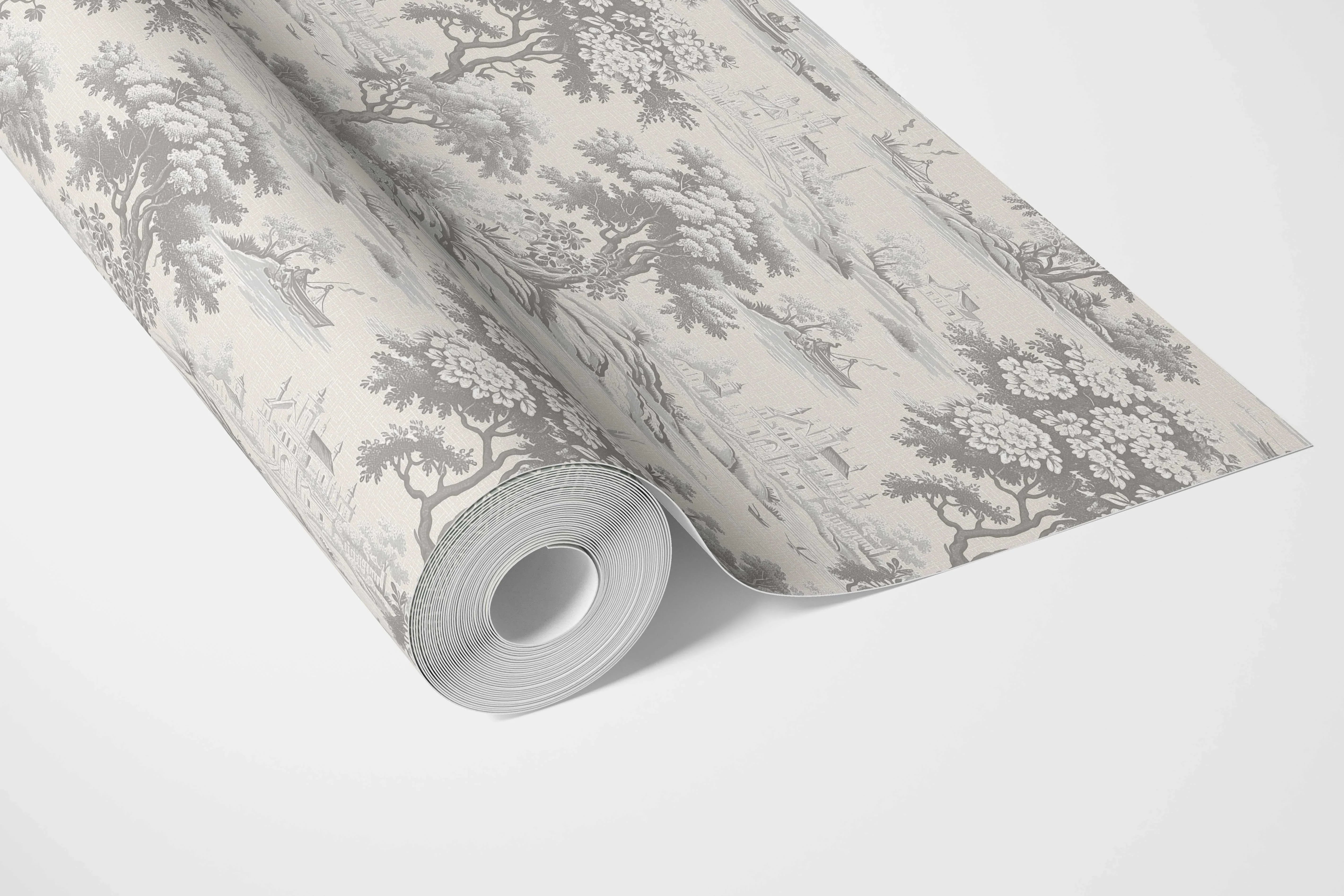 Floral Toile de Jouy Nature Print Bathroom Wallpaper Sample (Silver Gray)