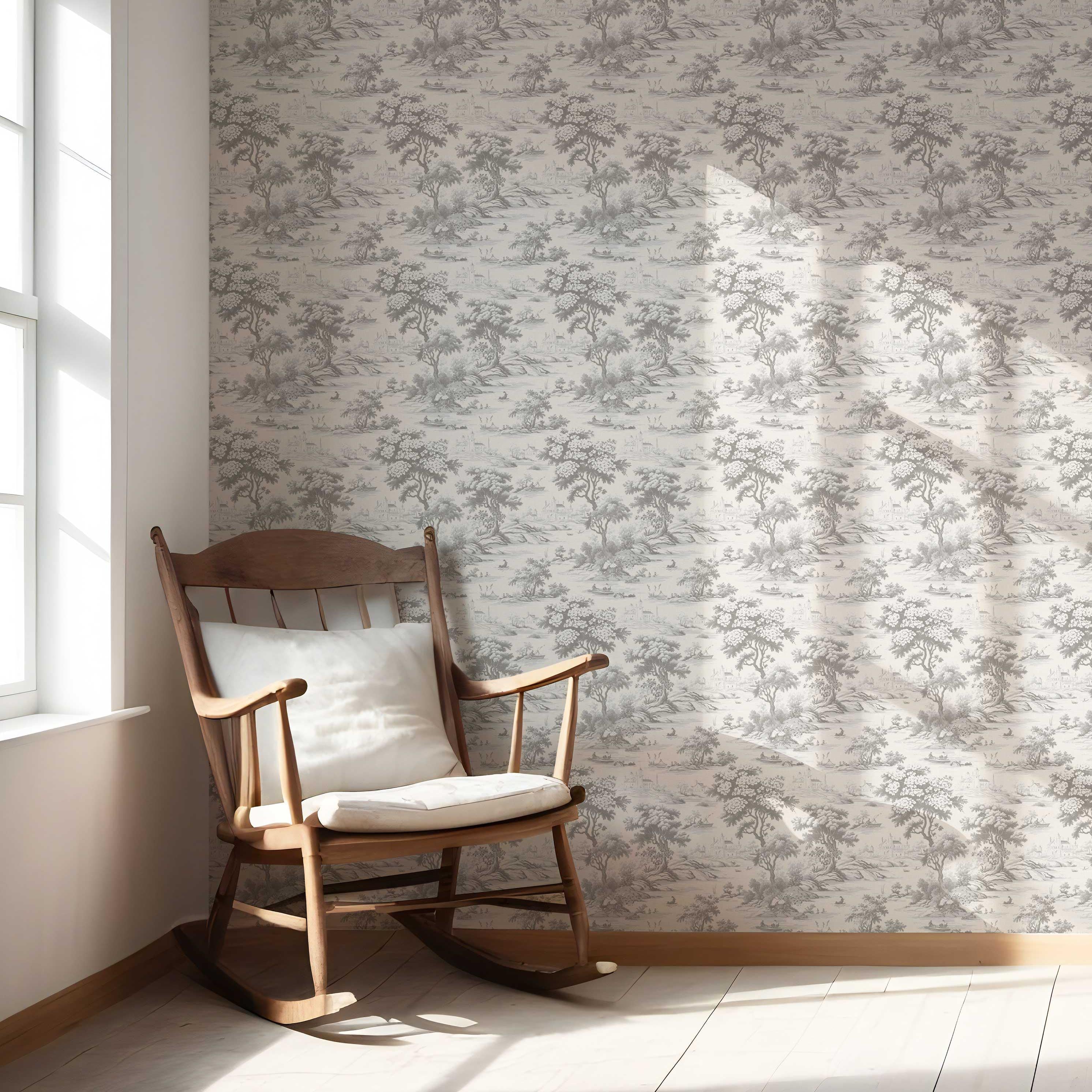 Floral Toile de Jouy Nature Print Nursery Wallpaper (Silver Gray)