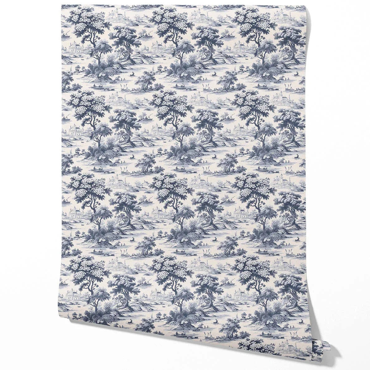 Floral Toile de Jouy Nature Print Traditional Wallpaper (Navy Blue)