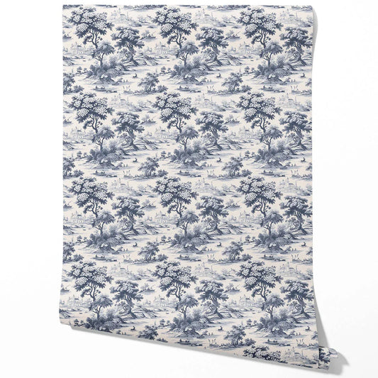 Floral Toile de Jouy Nature Print Traditional Wallpaper (Navy Blue)