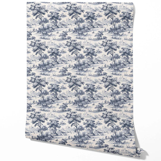 Floral Toile de Jouy Nature Print Traditional Wallpaper Sample (Navy Blue)