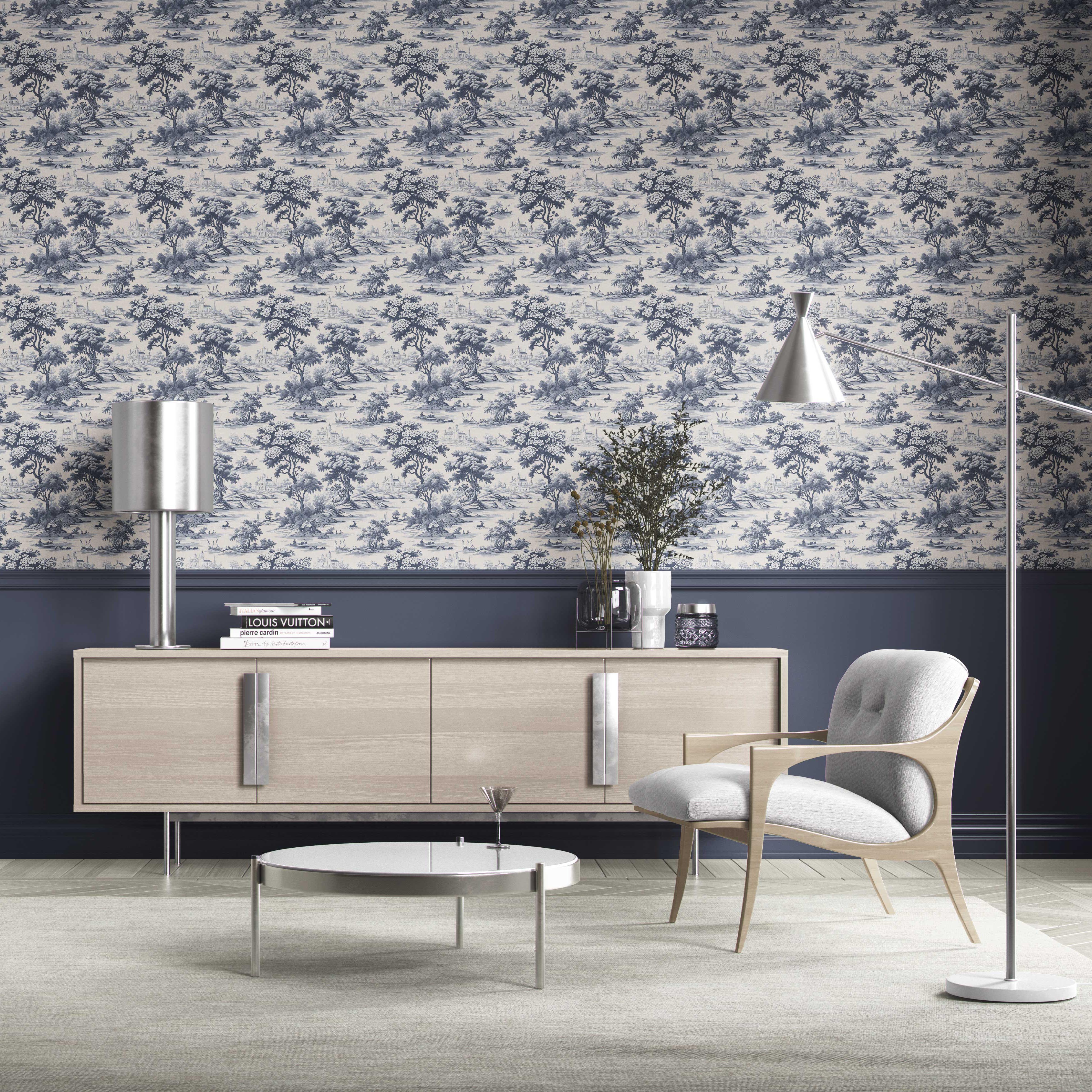 Floral Toile de Jouy Nature Print Kitchen Wallpaper (Navy Blue)