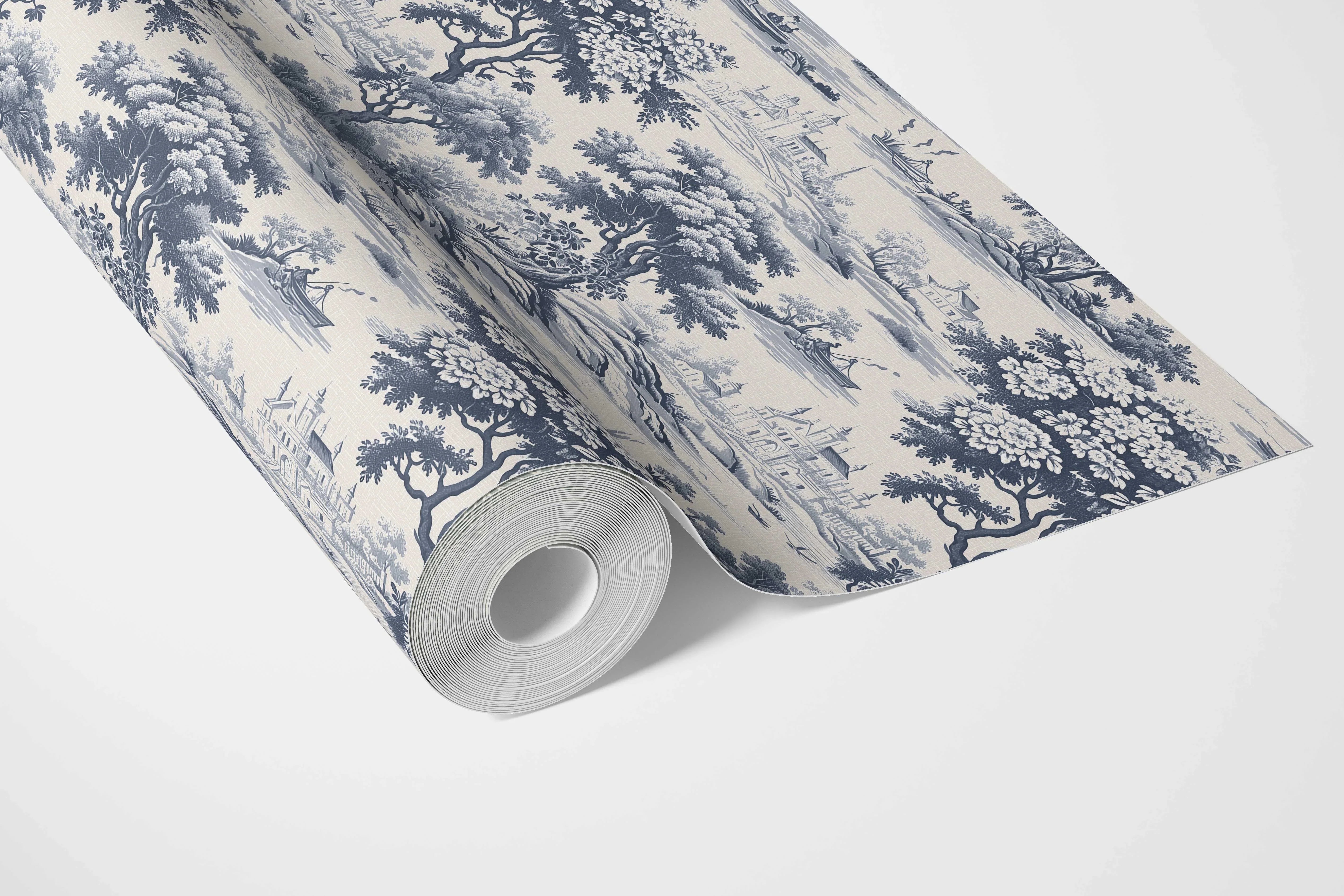 Floral Toile de Jouy Nature Print Bathroom Wallpaper (Navy Blue)