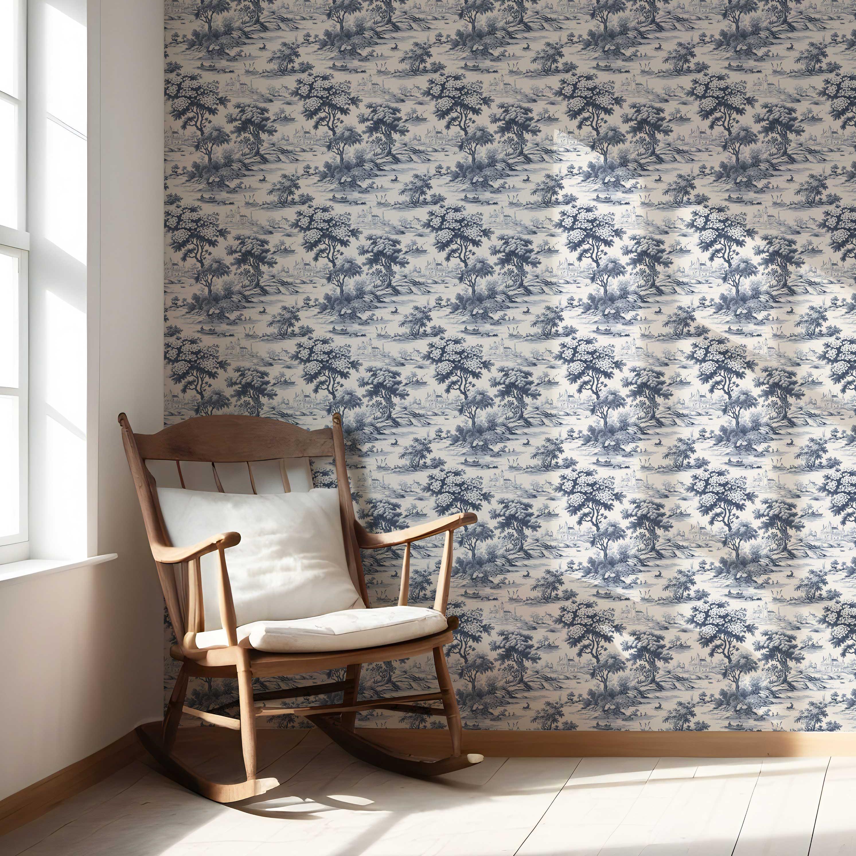 Floral Toile de Jouy Nature Print Nursery Wallpaper (Navy Blue)