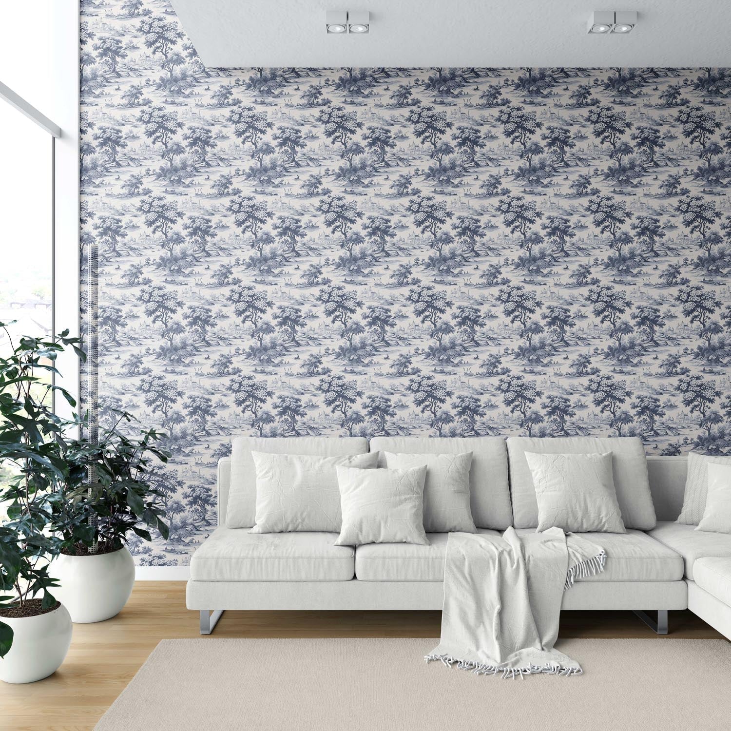 Floral Toile de Jouy Nature Print Shower Toilet Wallpaper (Navy Blue)