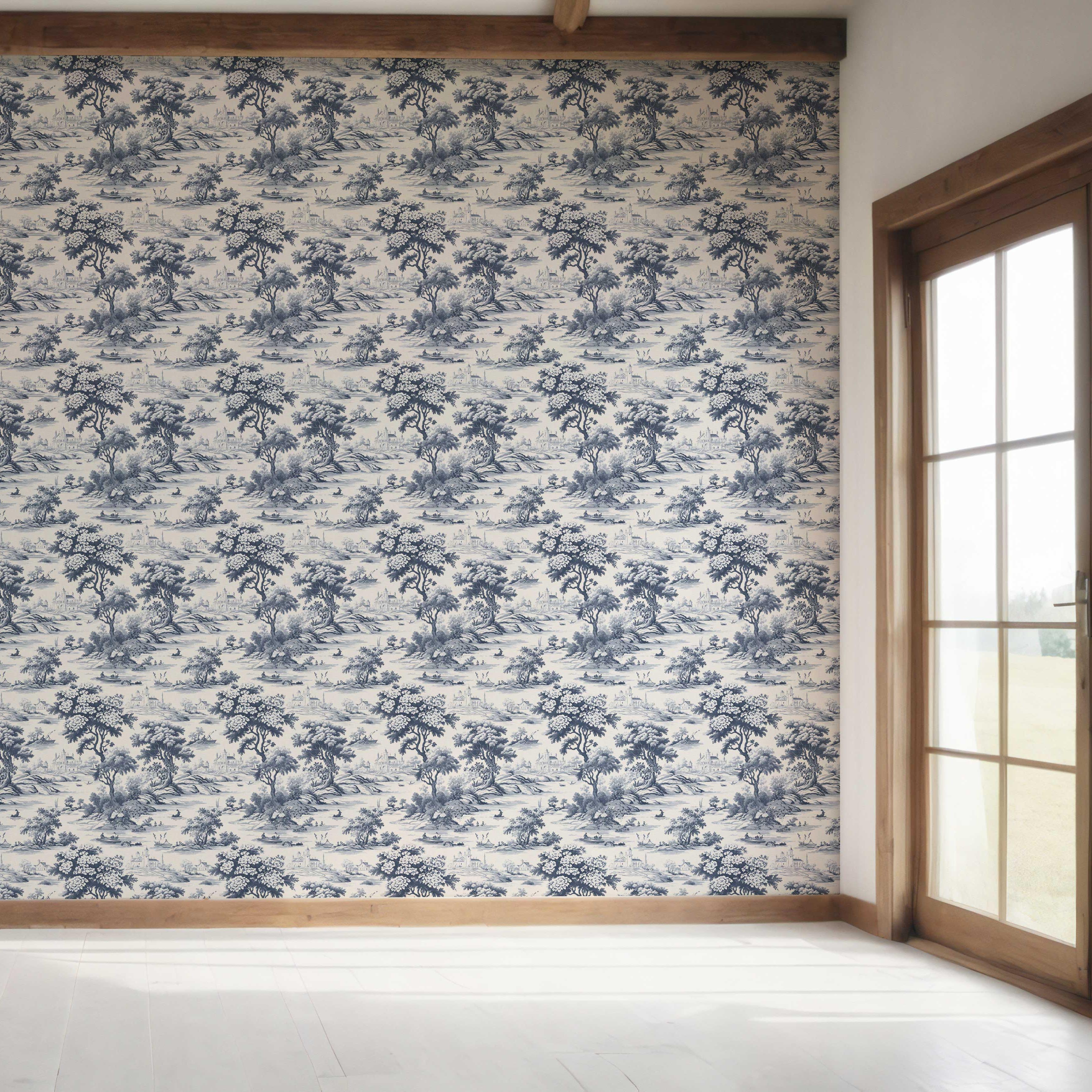 Floral Toile de Jouy Nature Print Bedroom Wallpaper (Navy Blue)