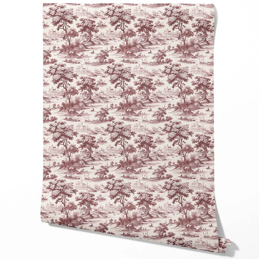 Floral Toile de Jouy Nature Print Traditional Wallpaper Sample (Maroon Red/ Deep Pink)