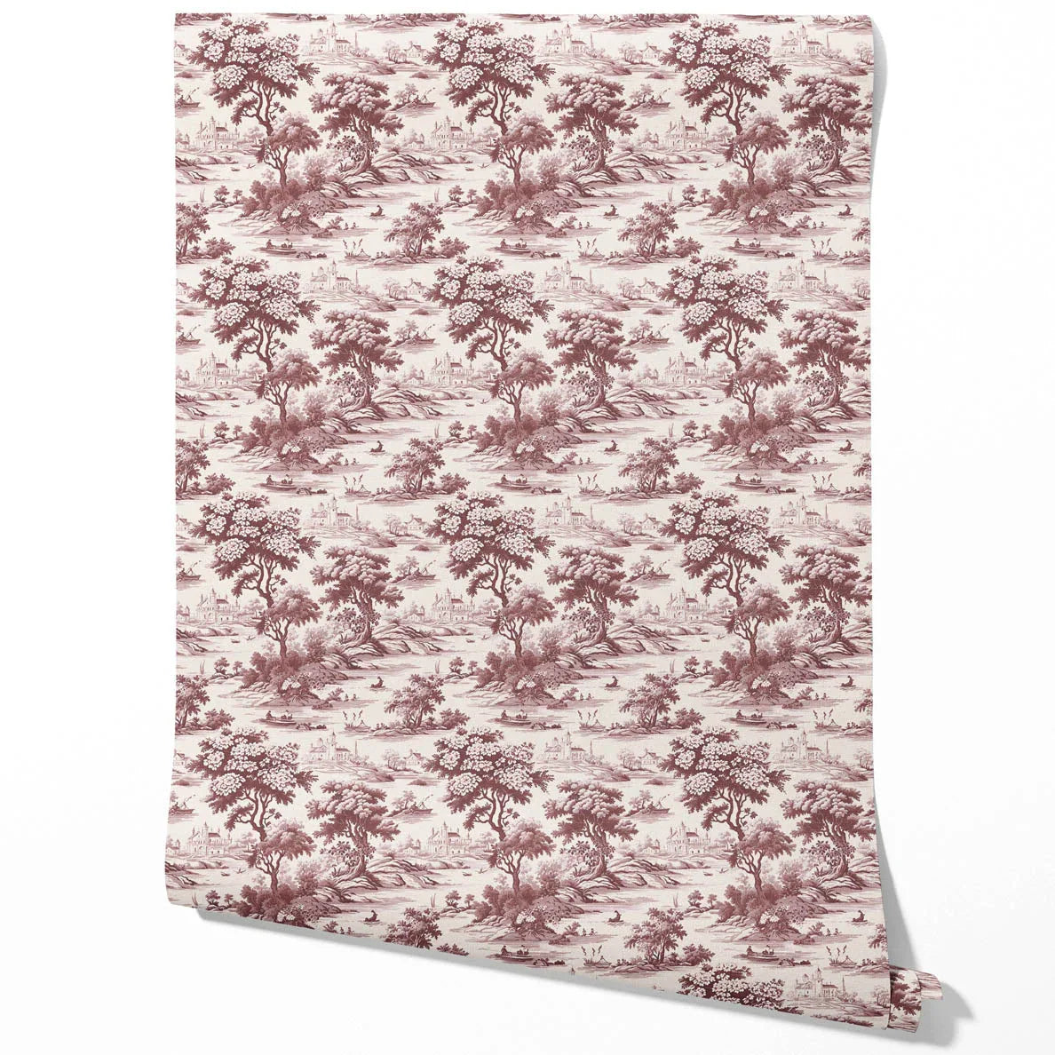 Floral Toile de Jouy Nature Print Traditional Wallpaper Sample (Maroon Red/ Deep Pink)