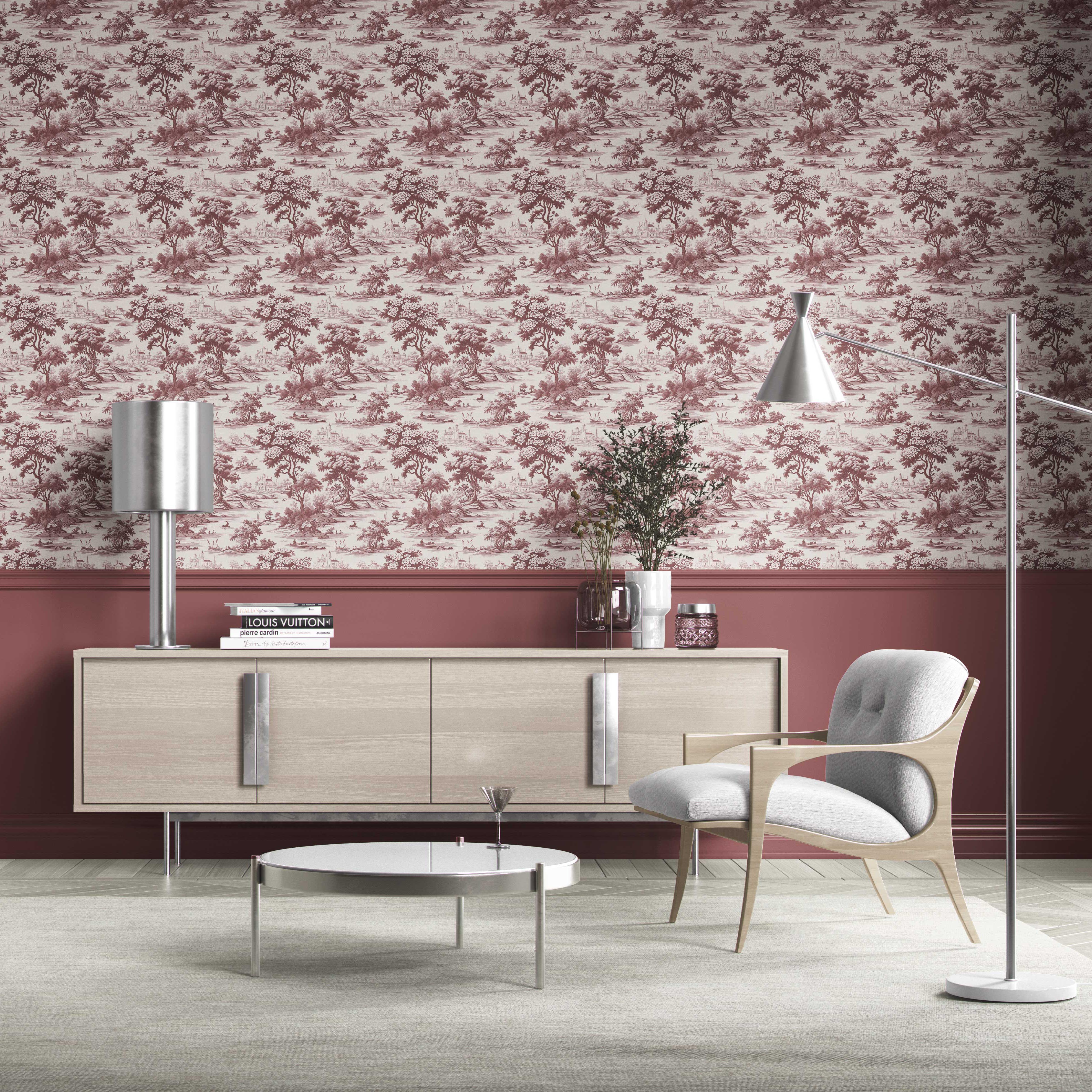 Floral Toile de Jouy Nature Print Kitchen Wallpaper Sample (Maroon Red/ Deep Pink)