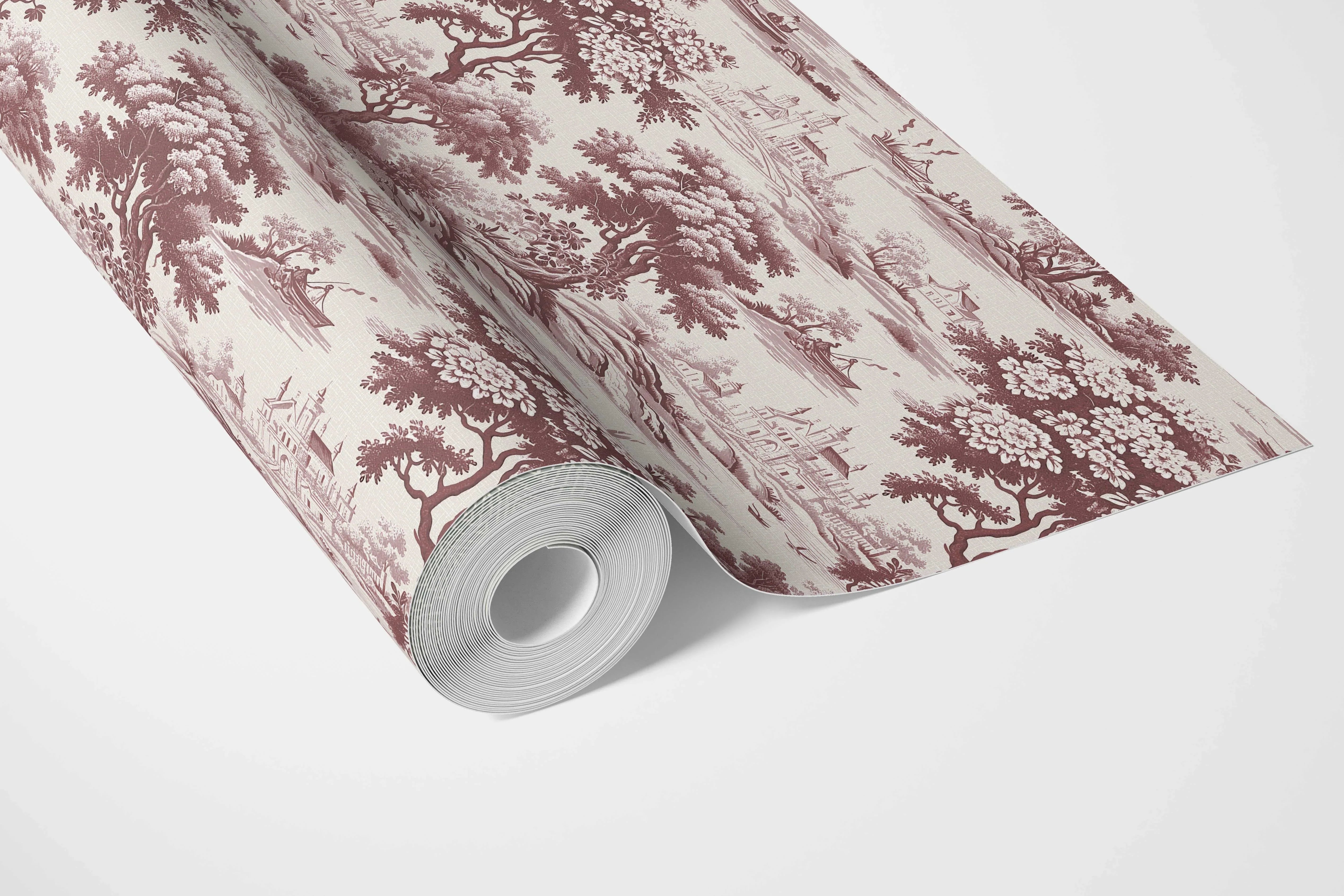 Floral Toile de Jouy Nature Print Bathroom Wallpaper Sample (Maroon Red/ Deep Pink)