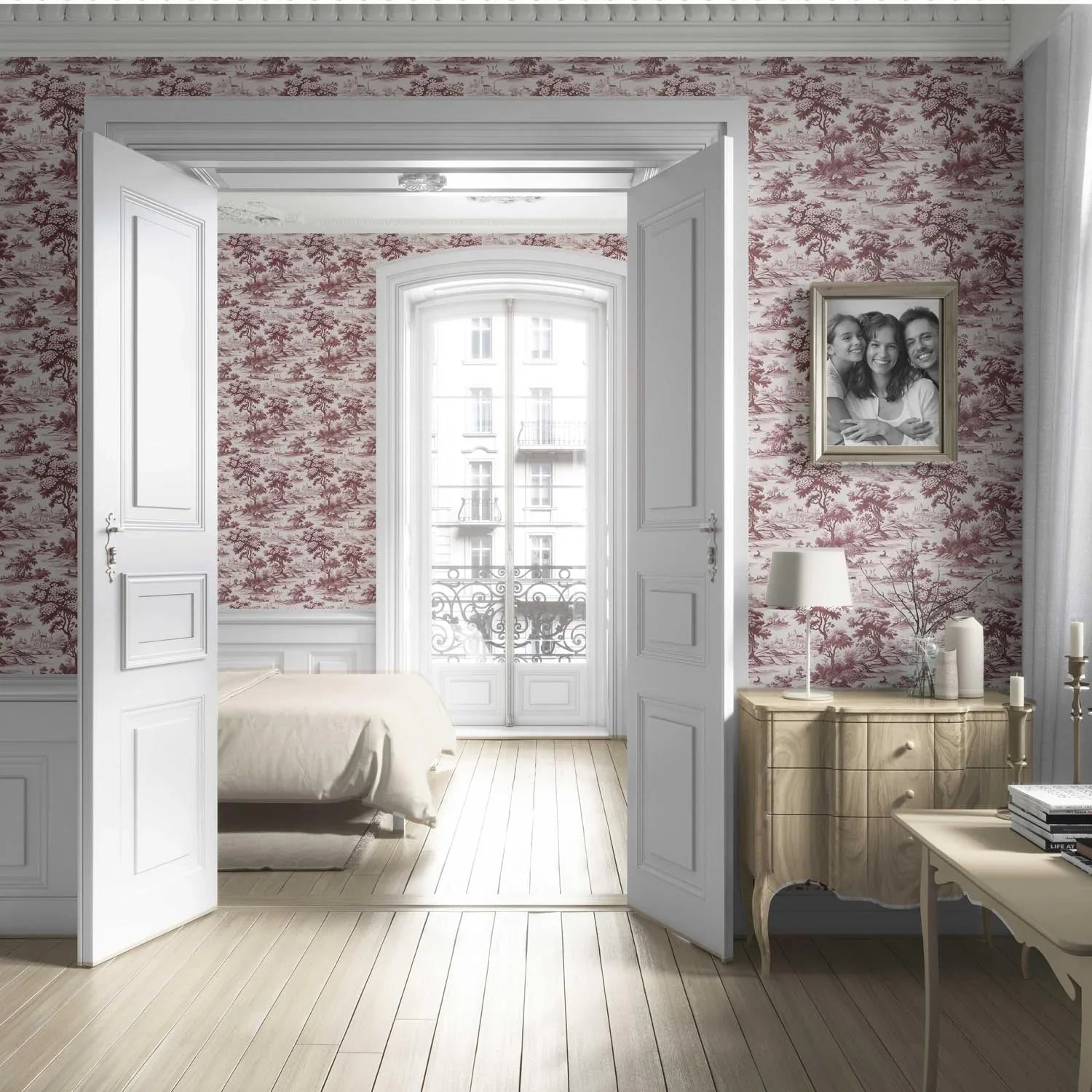 Floral Toile de Jouy Nature Print Living Room Wallpaper Sample (Maroon Red/ Deep Pink)