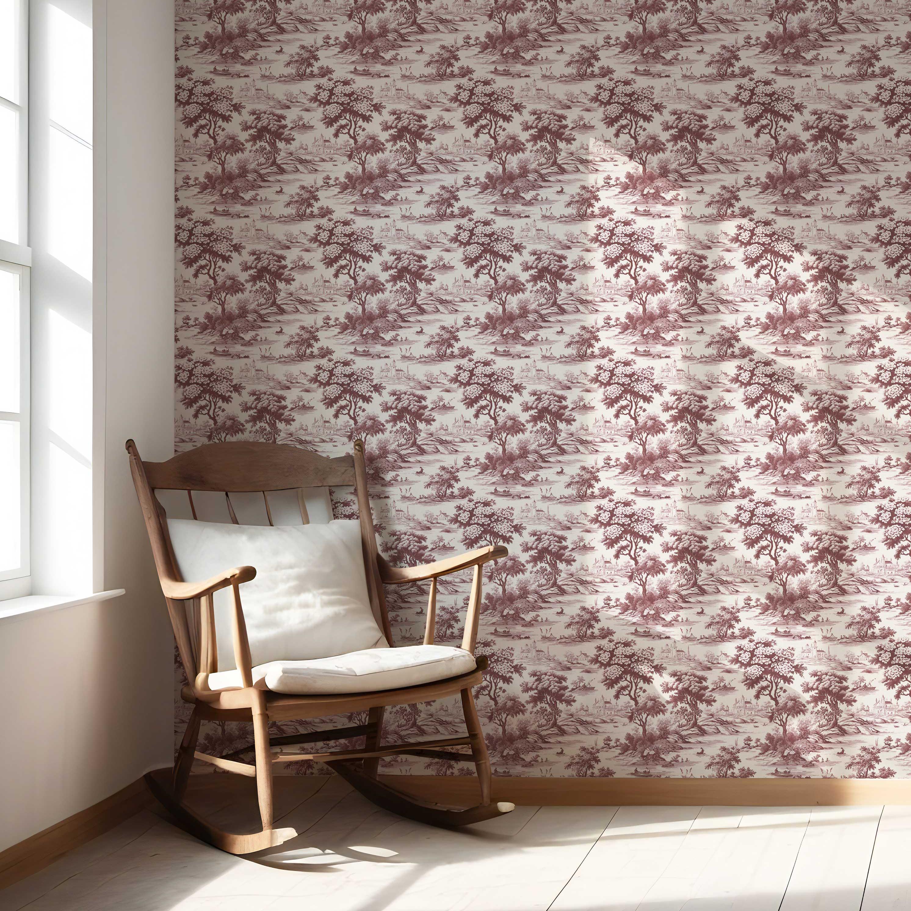 Floral Toile de Jouy Nature Print Nursery Wallpaper Sample (Maroon Red/ Deep Pink)