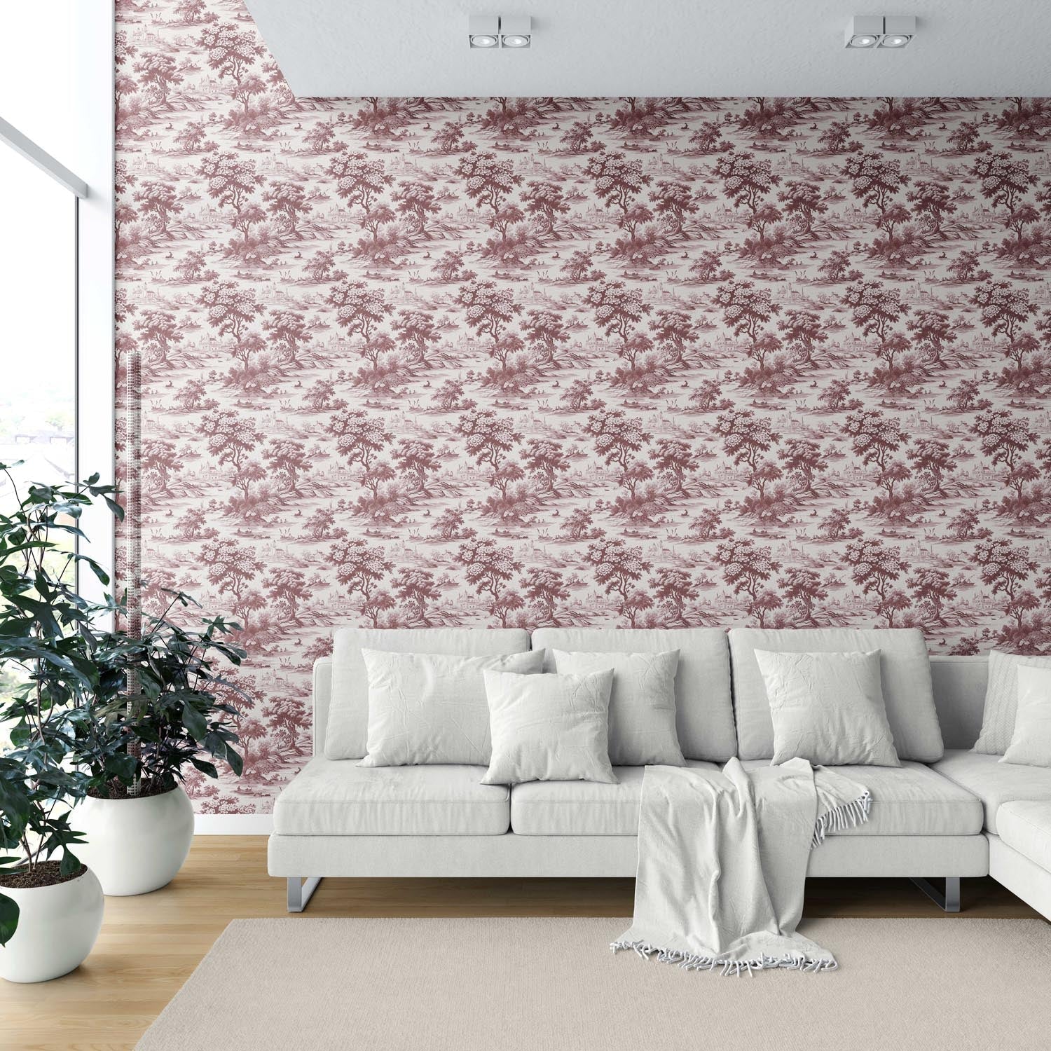 Floral Toile de Jouy Nature Print Shower Toilet Wallpaper Sample (Maroon Red/ Deep Pink)