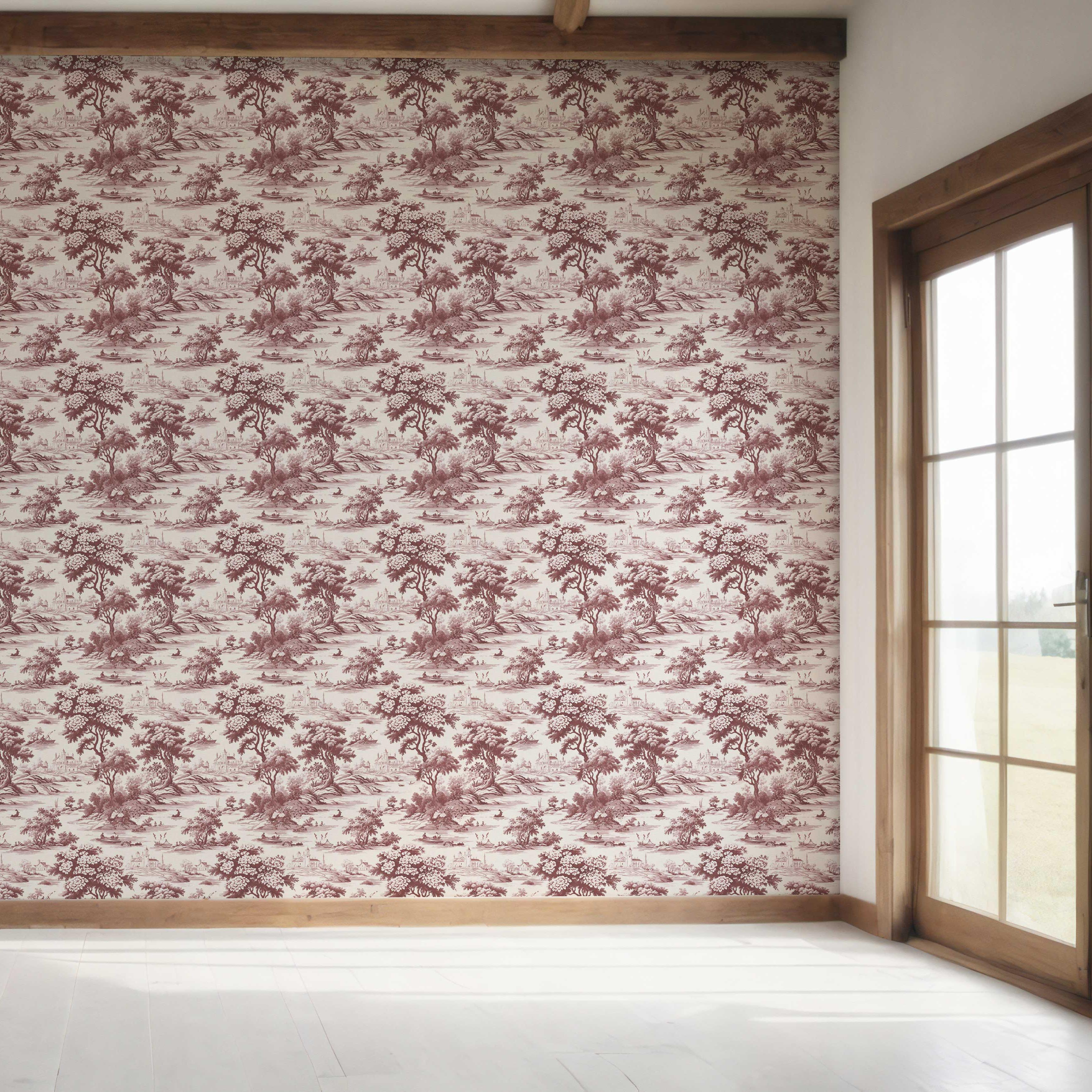 Floral Toile de Jouy Nature Print Bedroom Wallpaper Sample (Maroon Red/ Deep Pink)