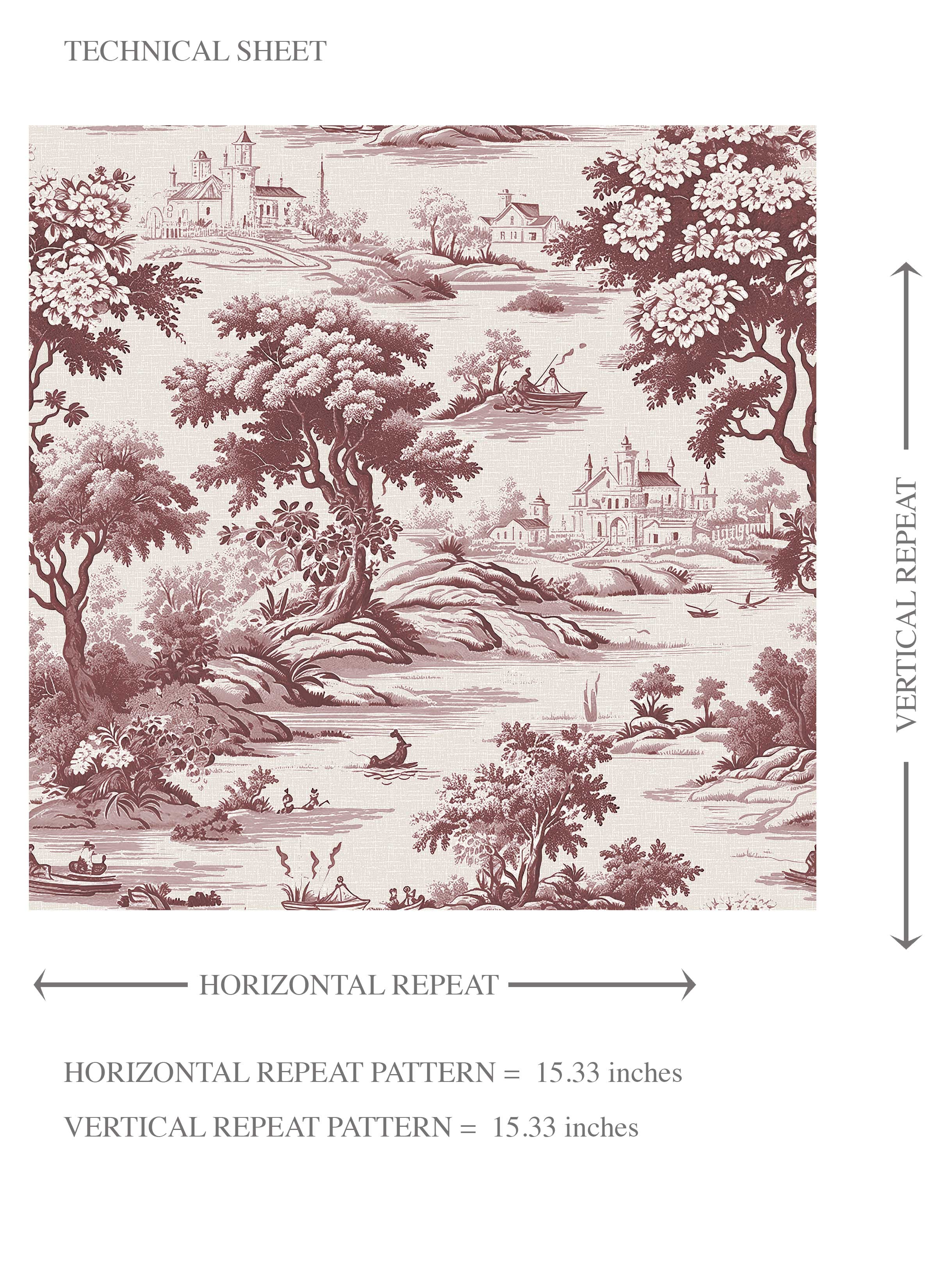 Floral Toile de Jouy Nature Print Kids Room Wallpaper Sample (Maroon Red/ Deep Pink)