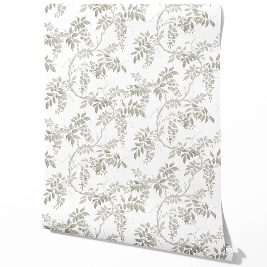 Neutral Floral Vine/ Botanical Traditional Wallpaper Sample (Gray/ Greige/ White/ Taupe)