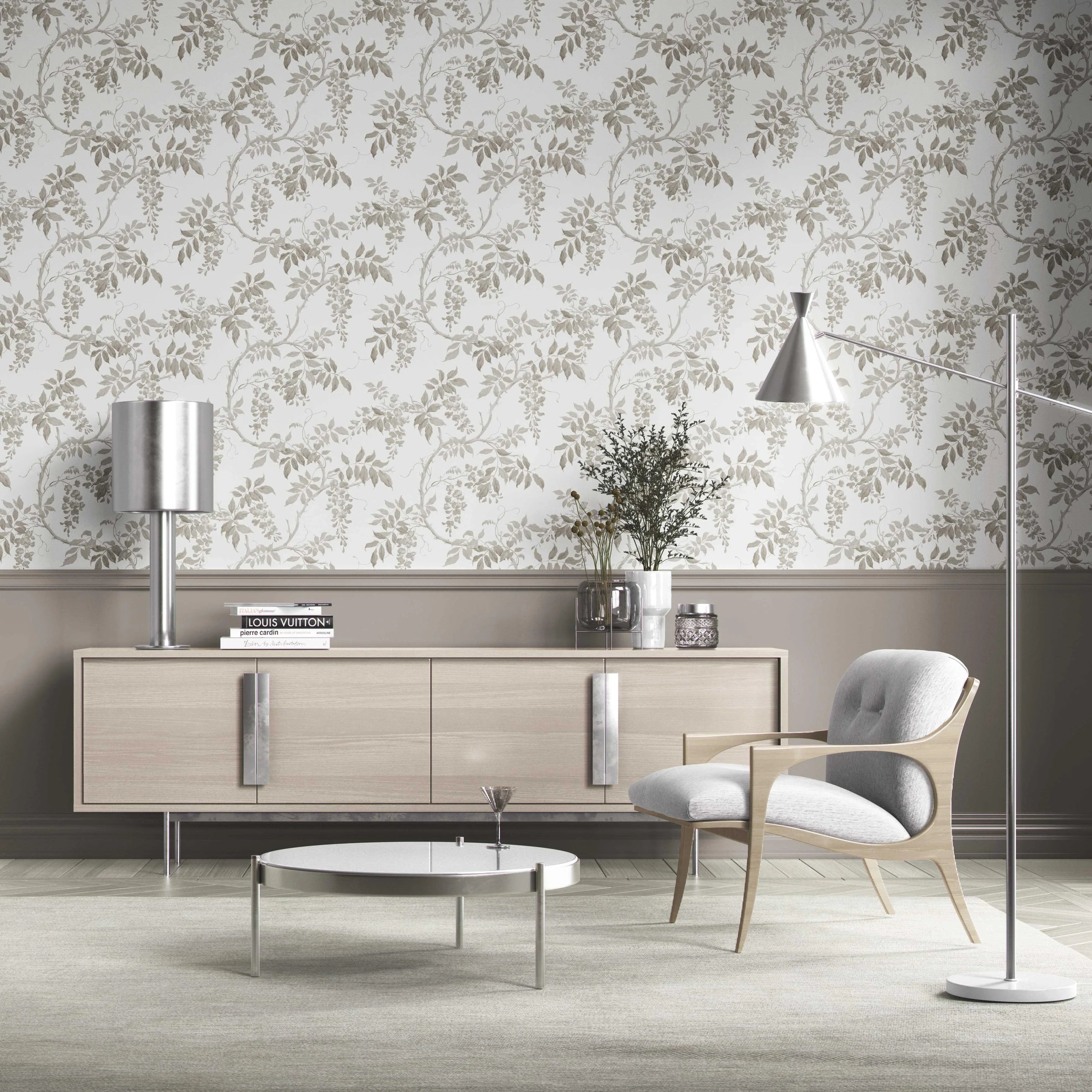 Neutral Floral Vine/ Botanical Kitchen Wallpaper Sample (Grey/ Greige/ White)