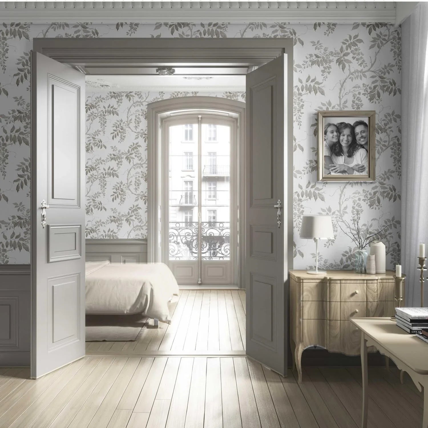 Neutral Floral Vine/ Botanical Living Room Wallpaper Sample (Grey/ Greige/ White)