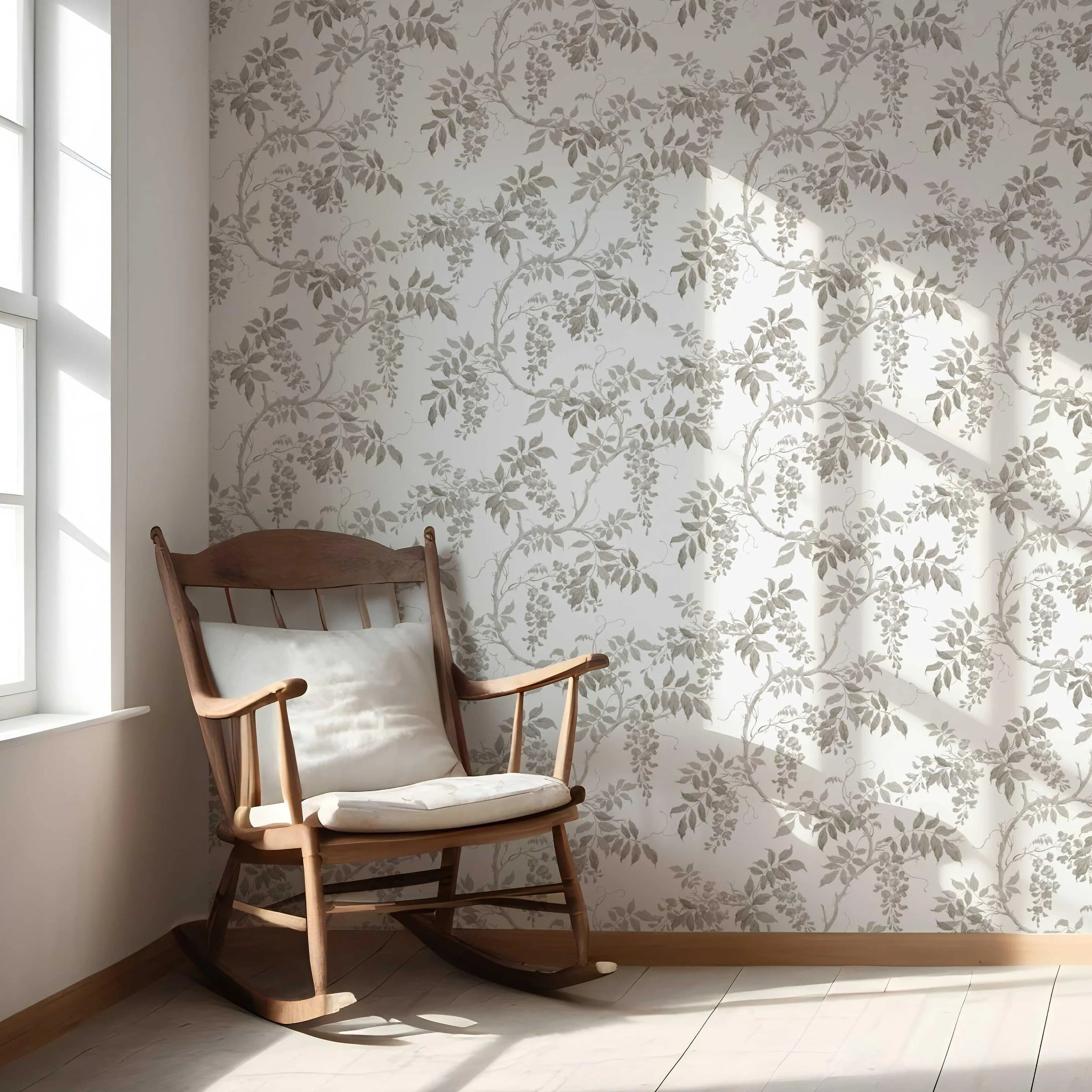 Neutral Floral Vine/ Botanical Nursery Wallpaper Sample (Grey/ Greige/ White)
