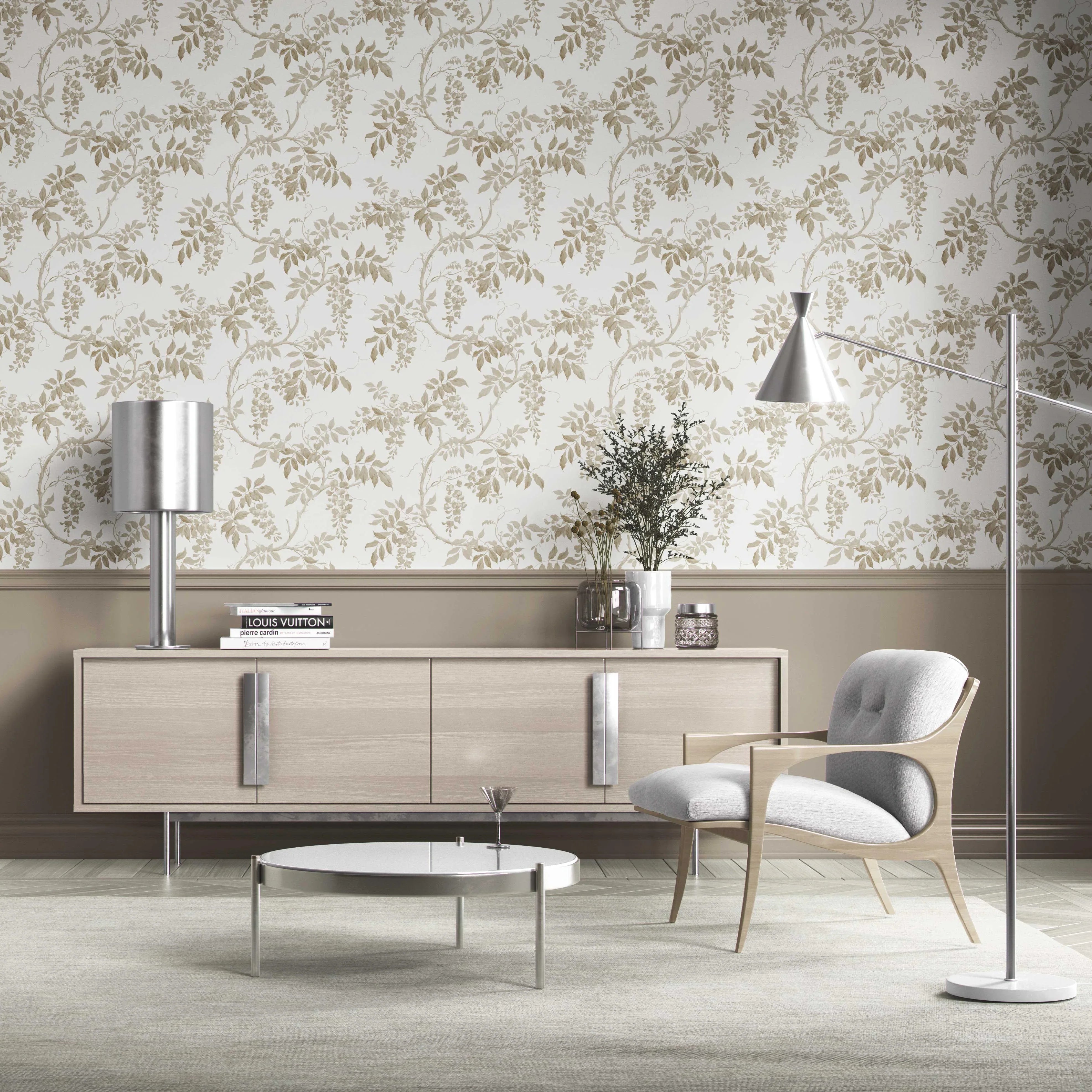 Neutral Floral Vine/ Botanical Kitchen Wallpaper Sample (Beige/ Taupe/ Grey/ White)