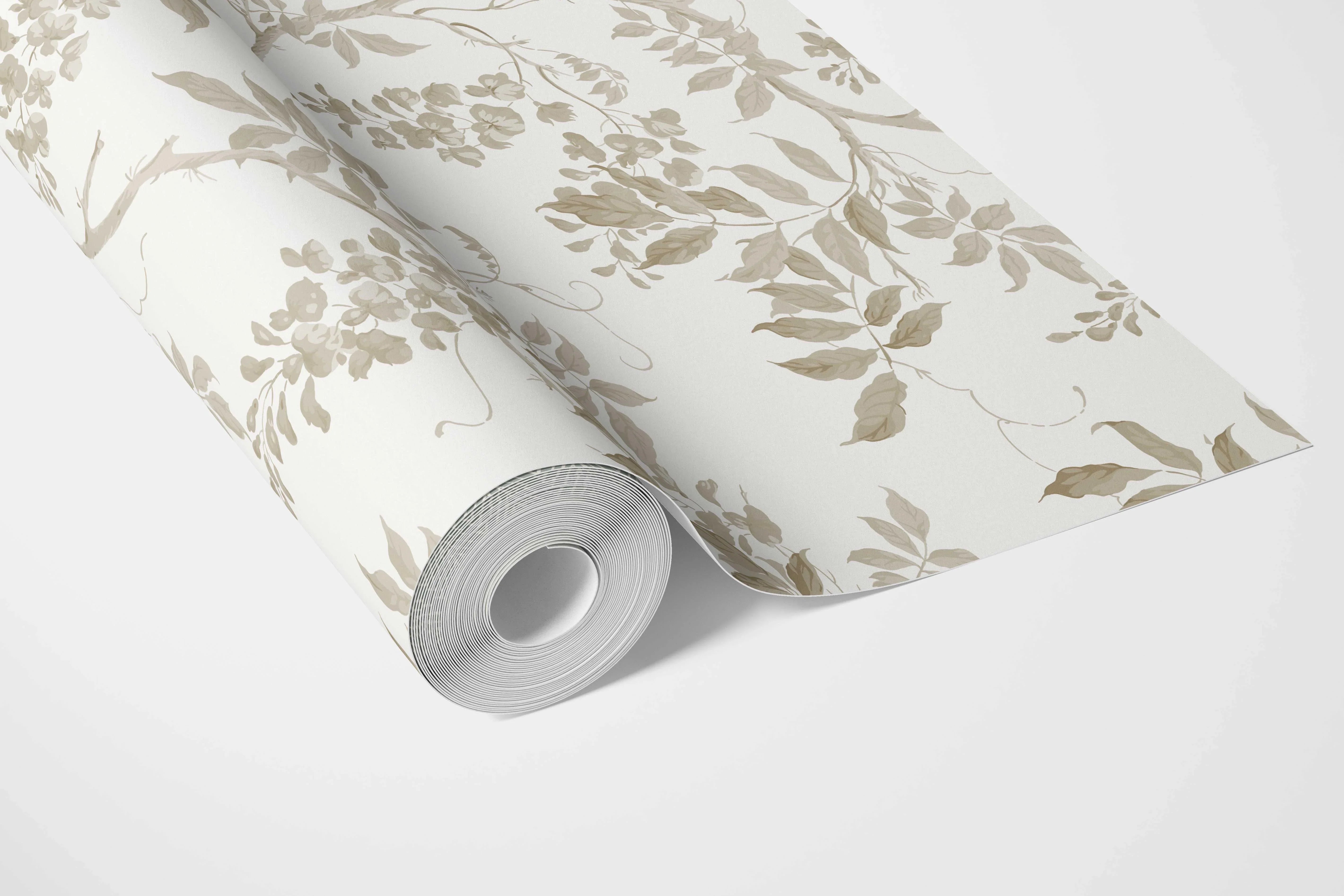 Neutral Floral Vine/ Botanical Bathroom Wallpaper Sample (Beige/ Taupe/ Grey/ White)