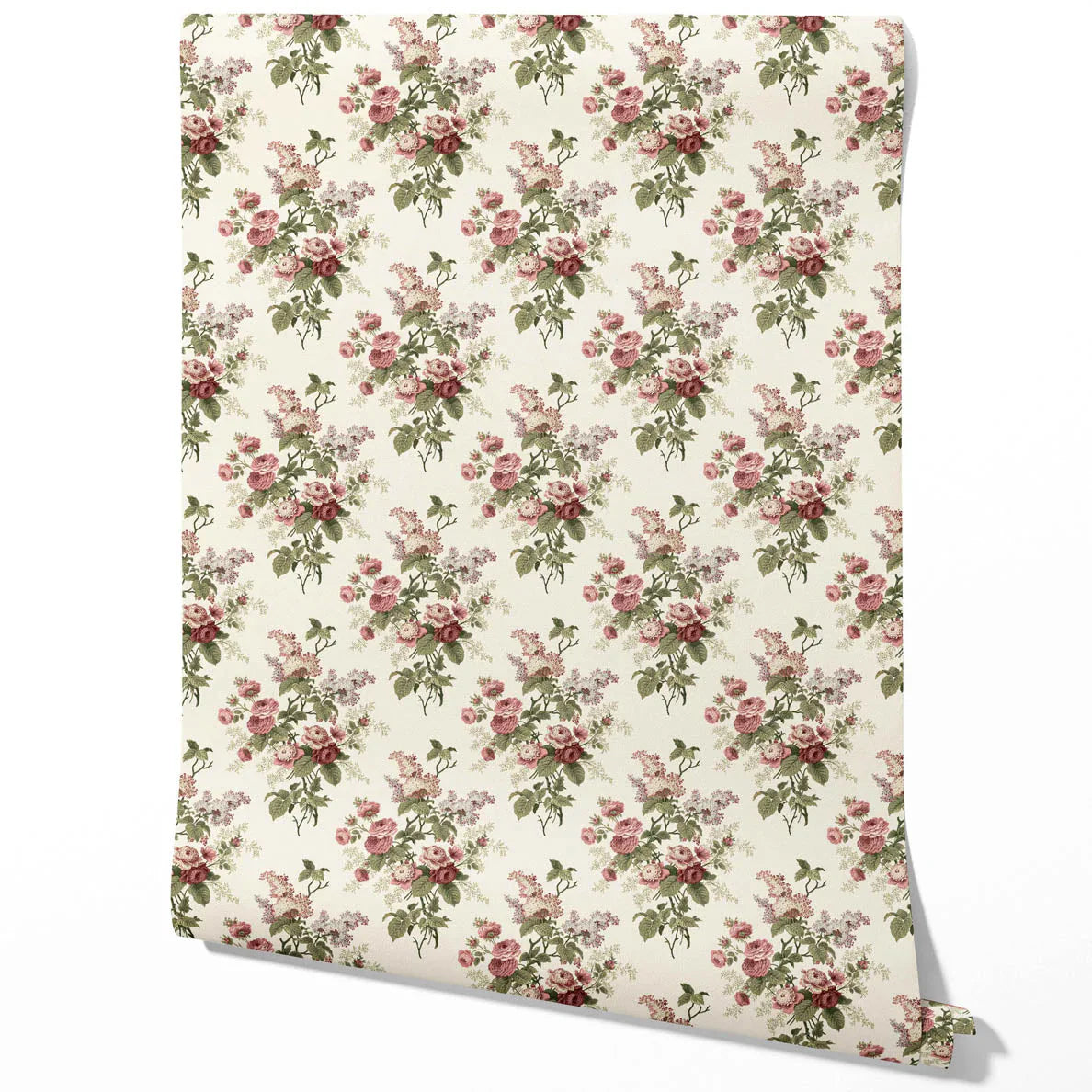 English Floral Print Traditional Wallpaper (Cream/ Pink/ Green/ Mauve)