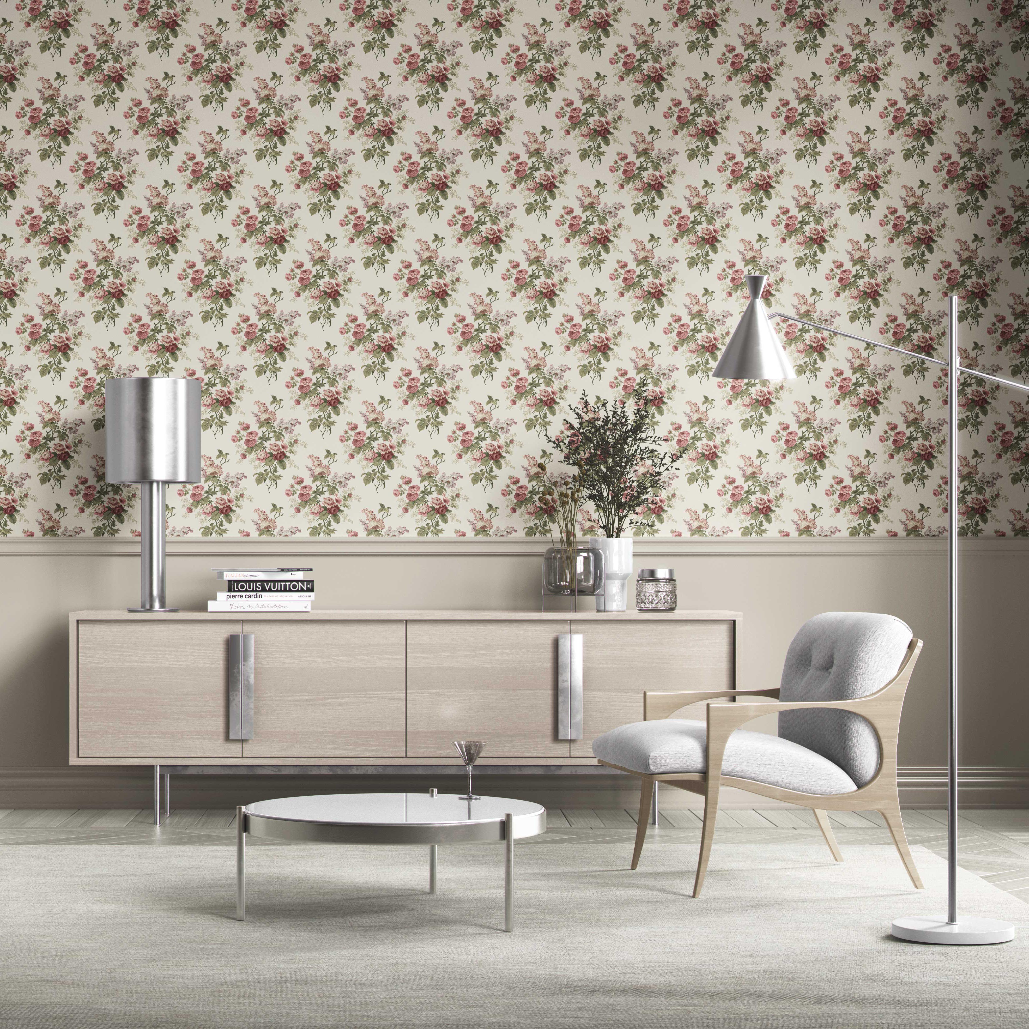 English Floral Print Kitchen Wallpaper (Cream/ Pink/ Green/ Mauve)