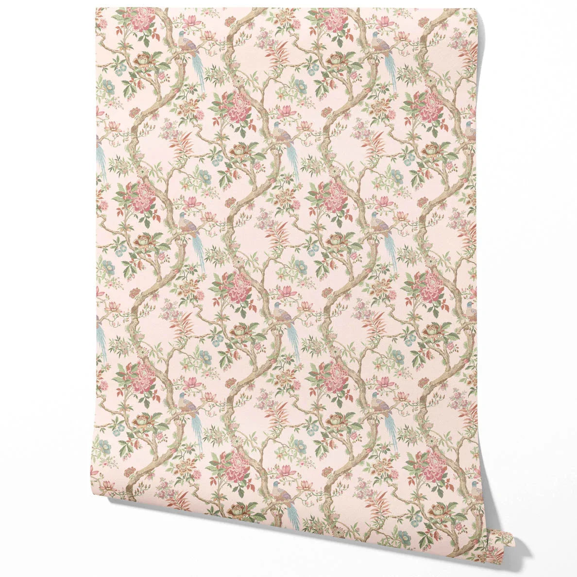 Floral/ Bird Print Chinoiserie Traditional Wallpaper Sample (Soft Pink/ Green/ Duck Egg Blue)