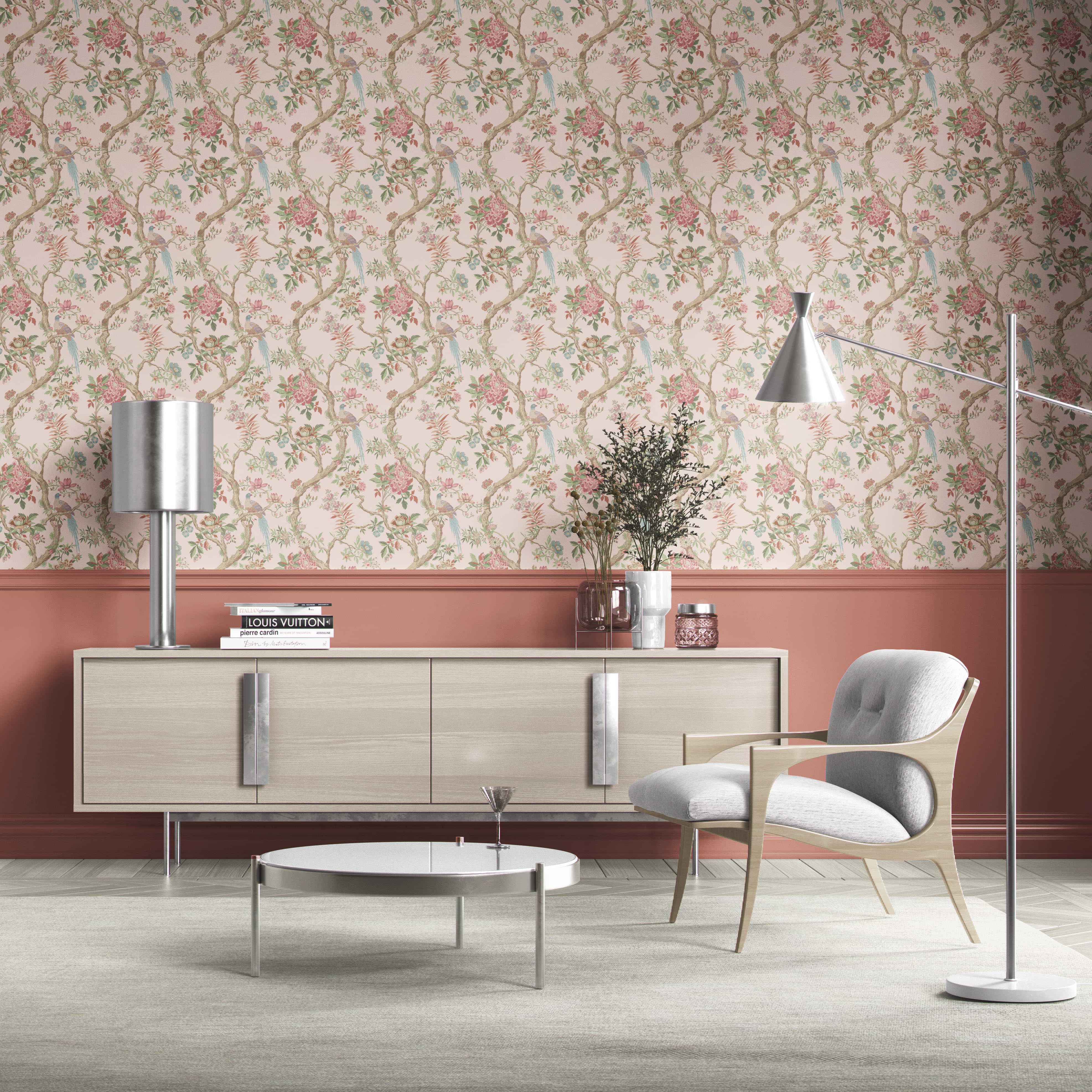 Floral/ Bird Print Chinoiserie Kitchen Wallpaper Sample (Soft Pink/ Green/ Duck Egg Blue)