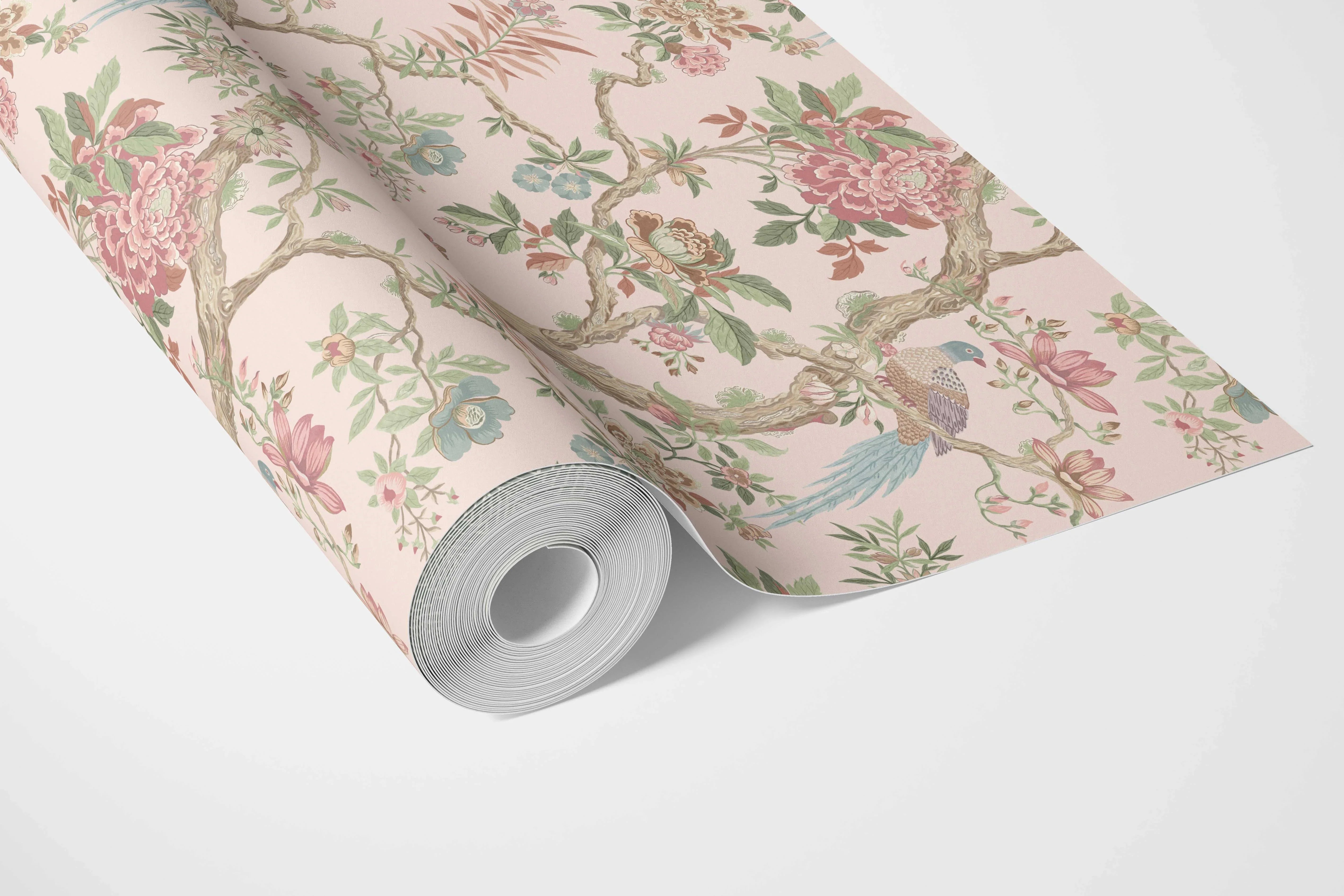 Floral/ Bird Print Chinoiserie Bathroom Wallpaper Sample (Soft Pink/ Green/ Duck Egg Blue)