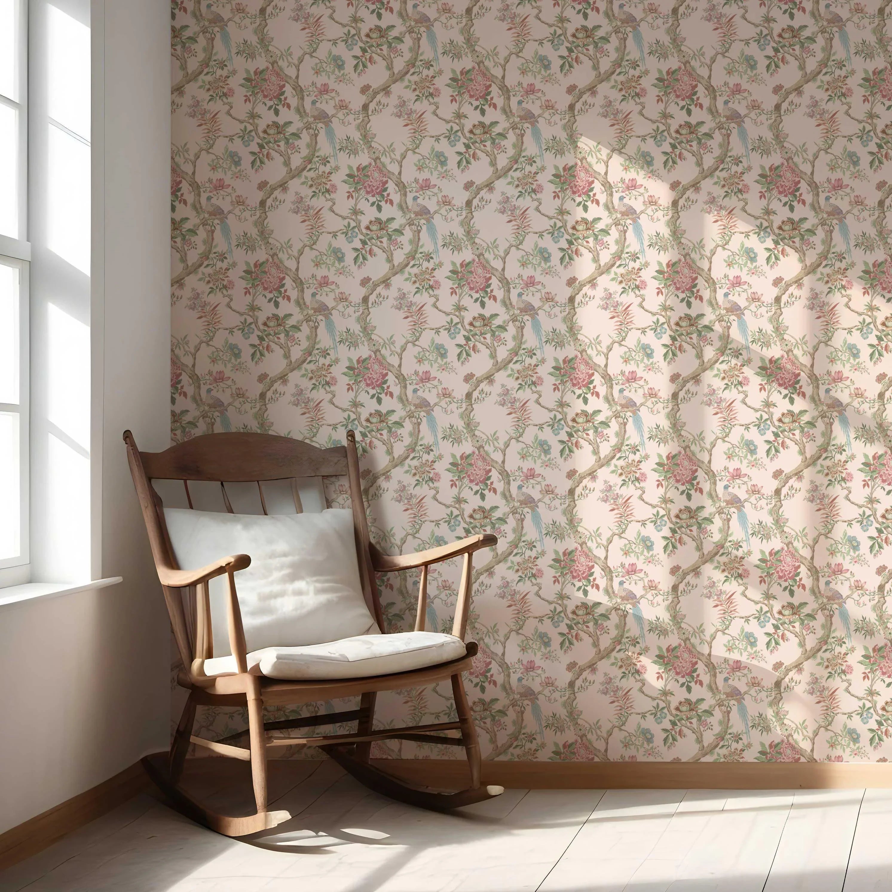 Floral/ Bird Print Chinoiserie Nursery Wallpaper Sample (Soft Pink/ Green/ Duck Egg Blue)
