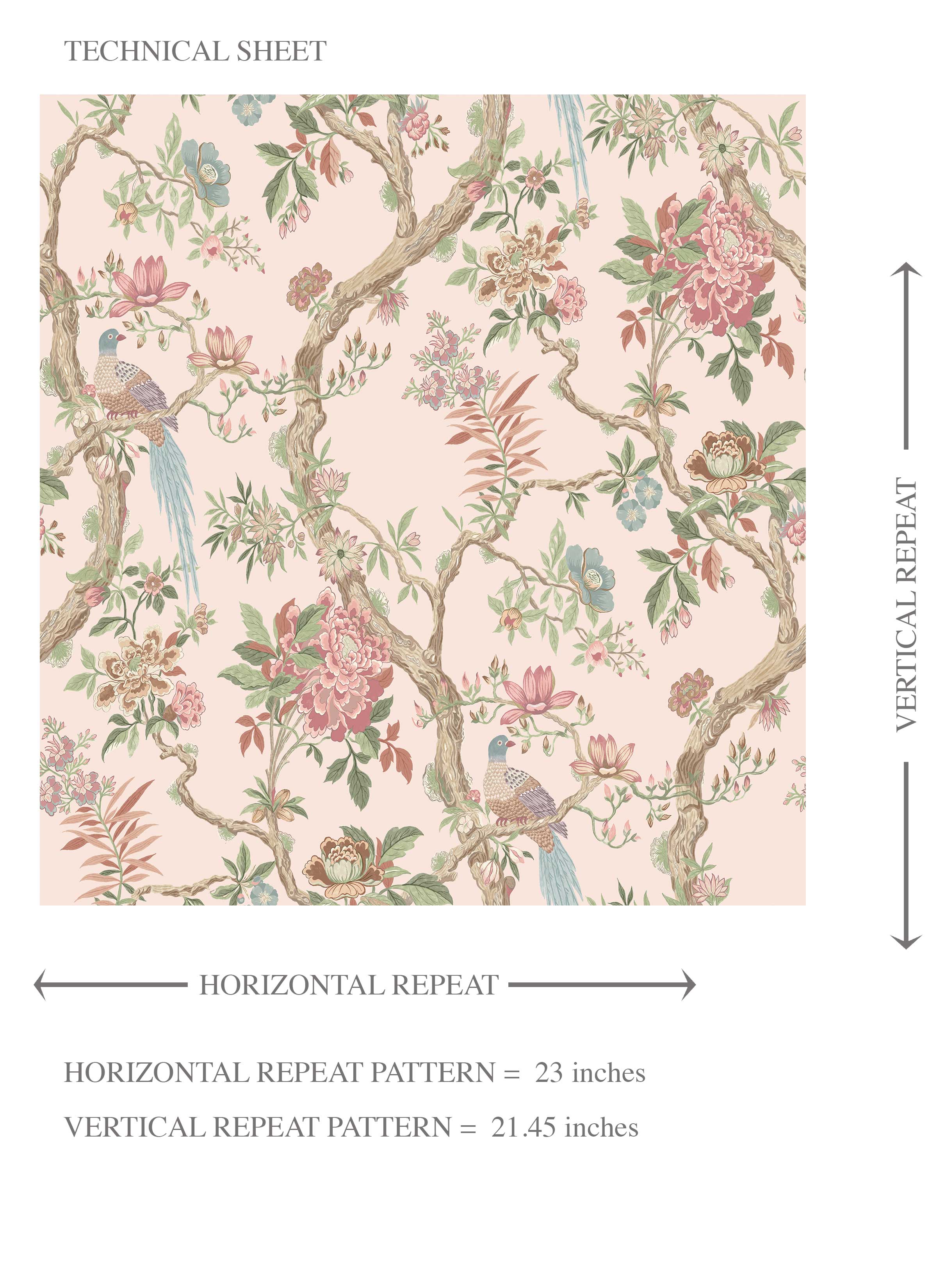 Floral/ Bird Print Chinoiserie Kids Room Wallpaper Sample (Soft Pink/ Green/ Duck Egg Blue)