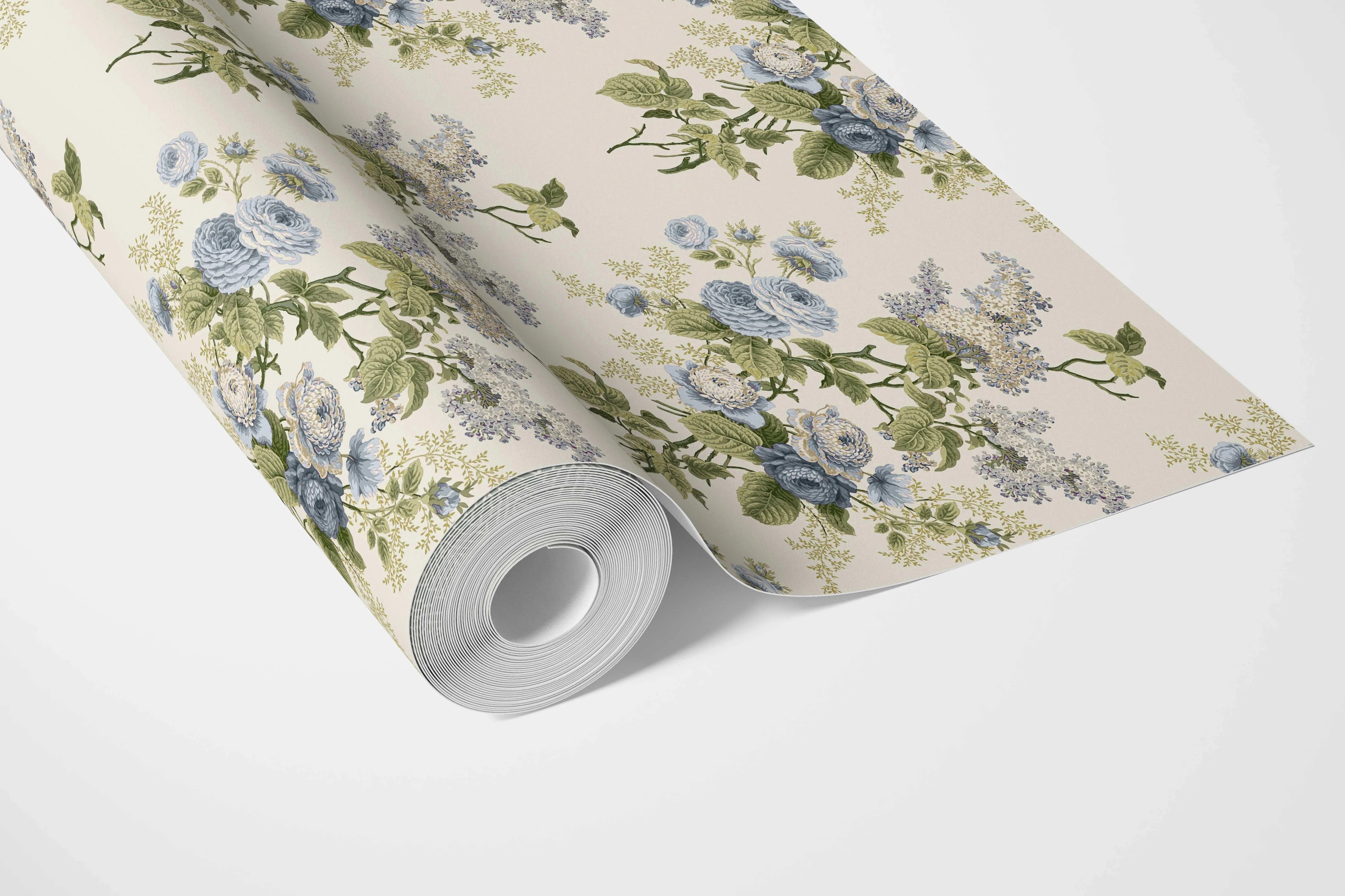 English Floral Print Bathroom Wallpaper (Cream/ Blue/ Green)