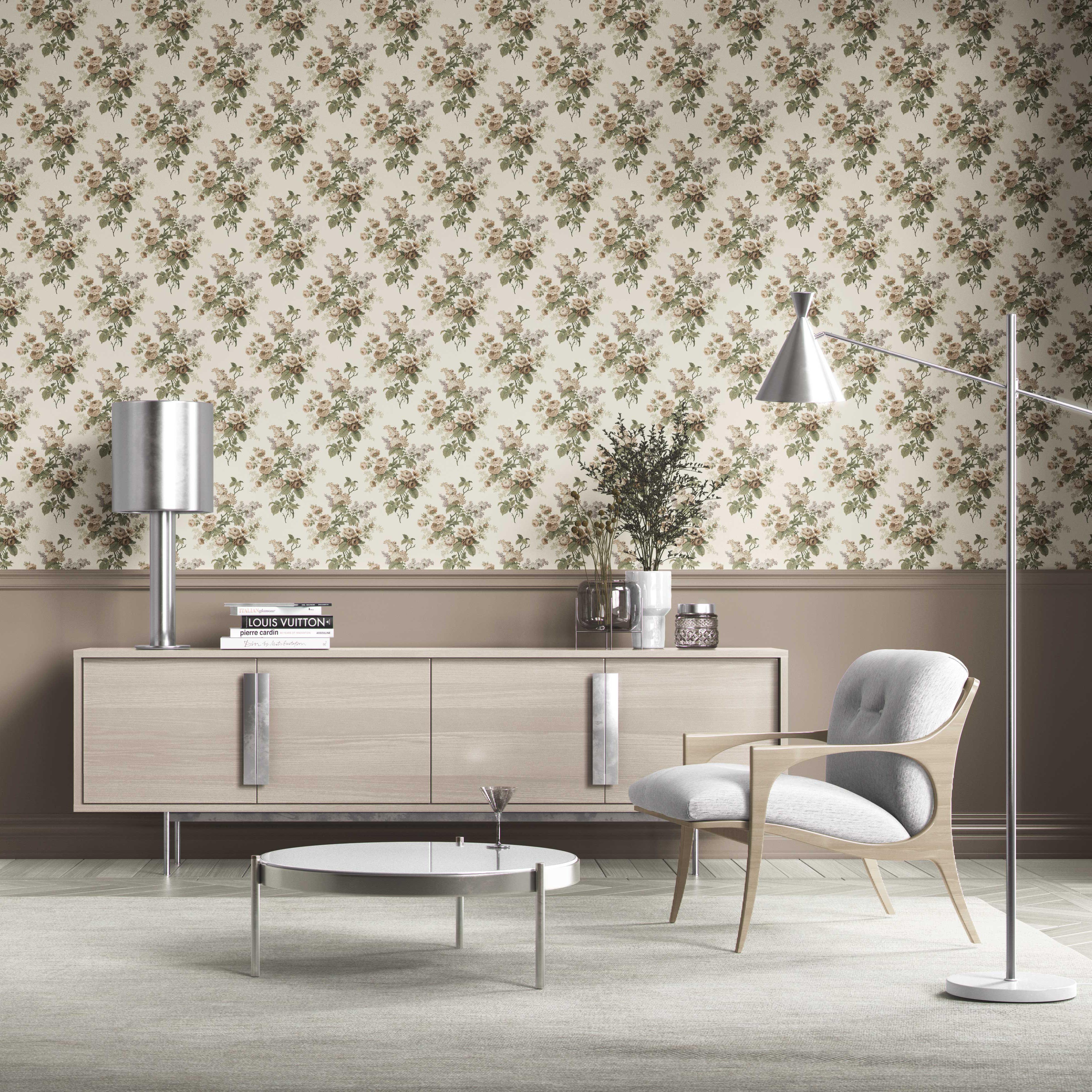 English Floral Print Kitchen Wallpaper (Cream/ Beige/ Brown/ Green/ Gray)