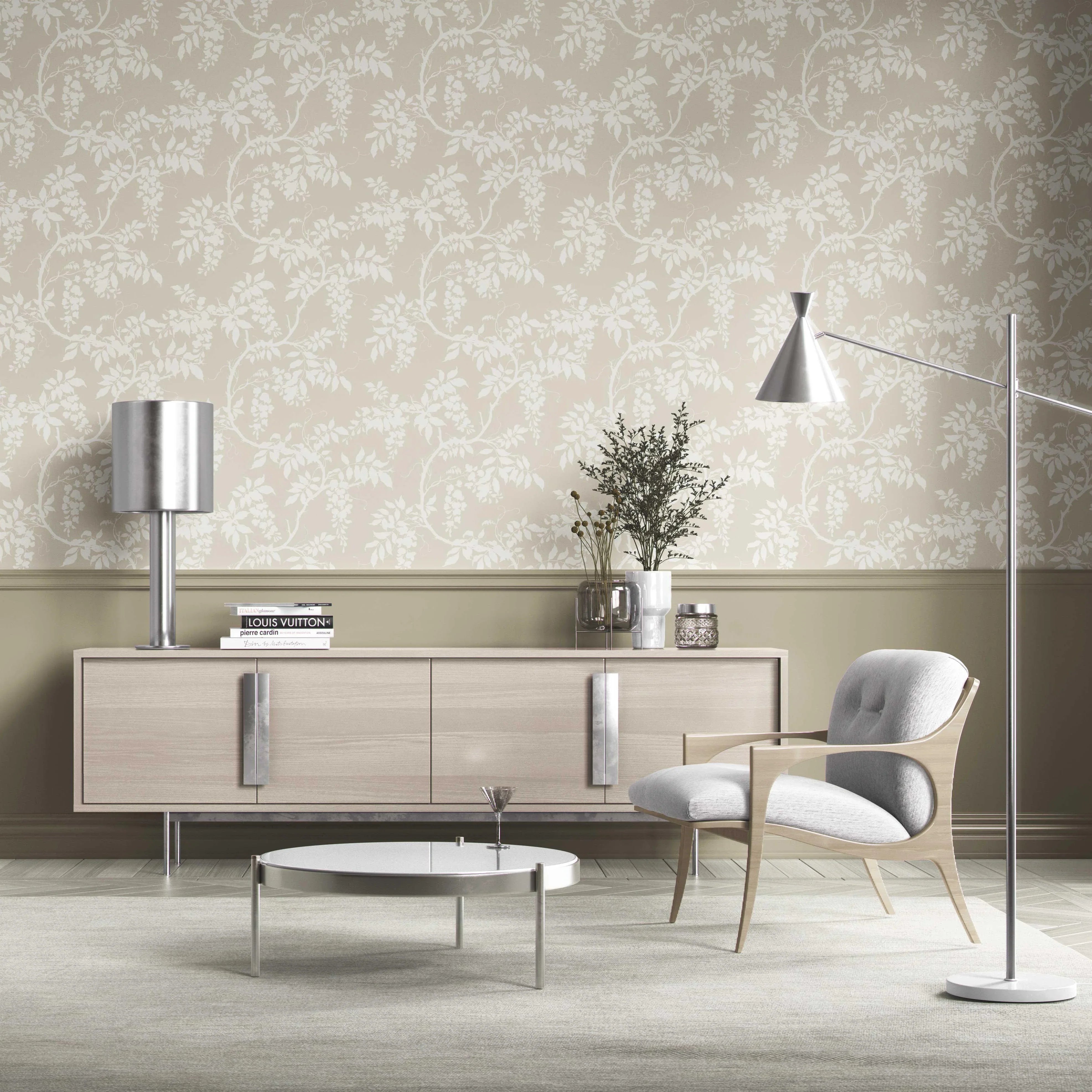 Neutral Floral Vine/ Botanical Kitchen Wallpaper Sample (Beige/ Cream/ Warm Grey)
