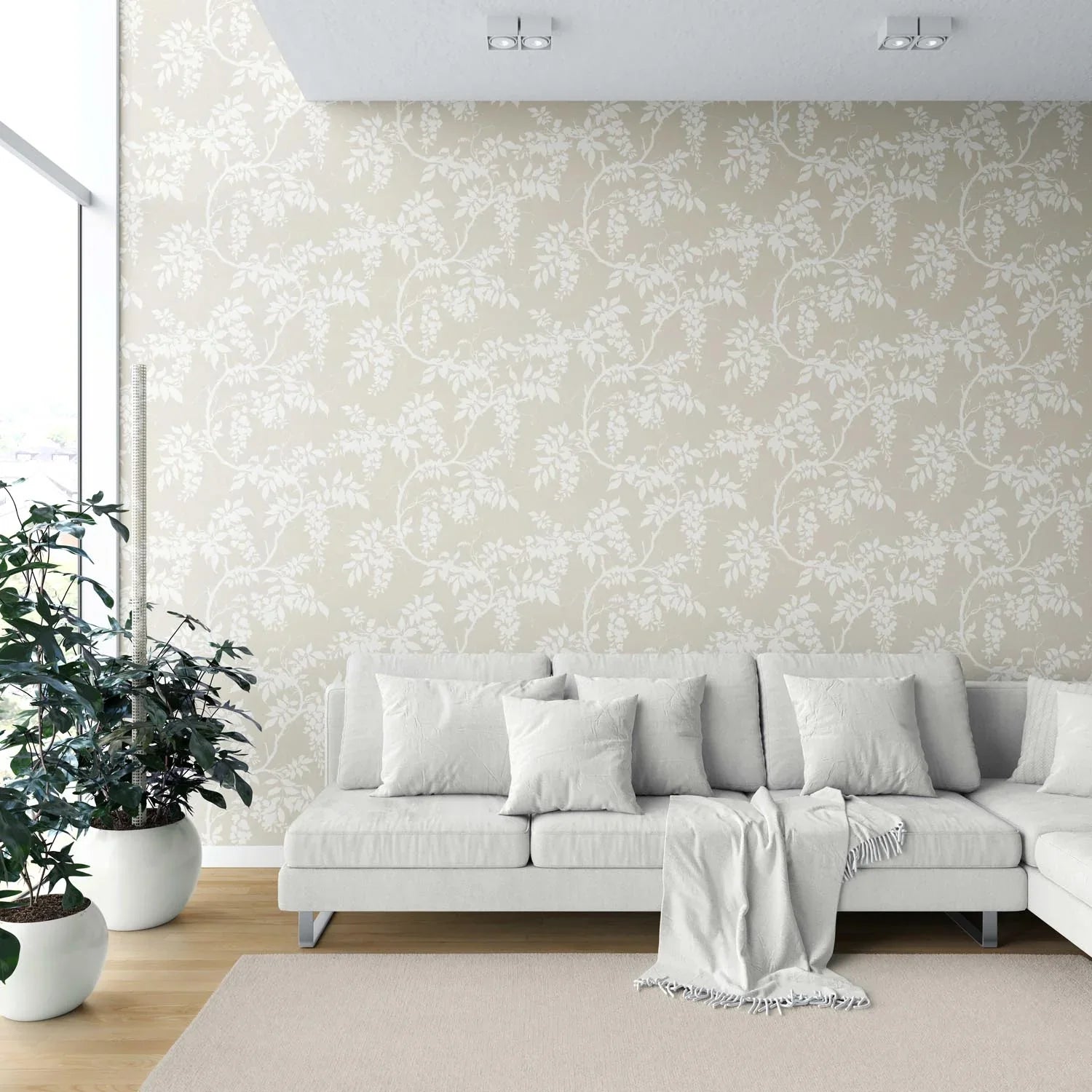 Neutral Floral Vine/ Botanical Shower Toilet Wallpaper Sample (Beige/ Cream/ Warm Grey)