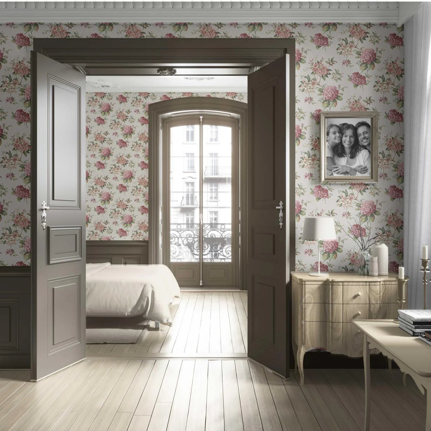 Modern Floral Block Print Living Room Wallpaper Sample (Blush Pink/ Green)
