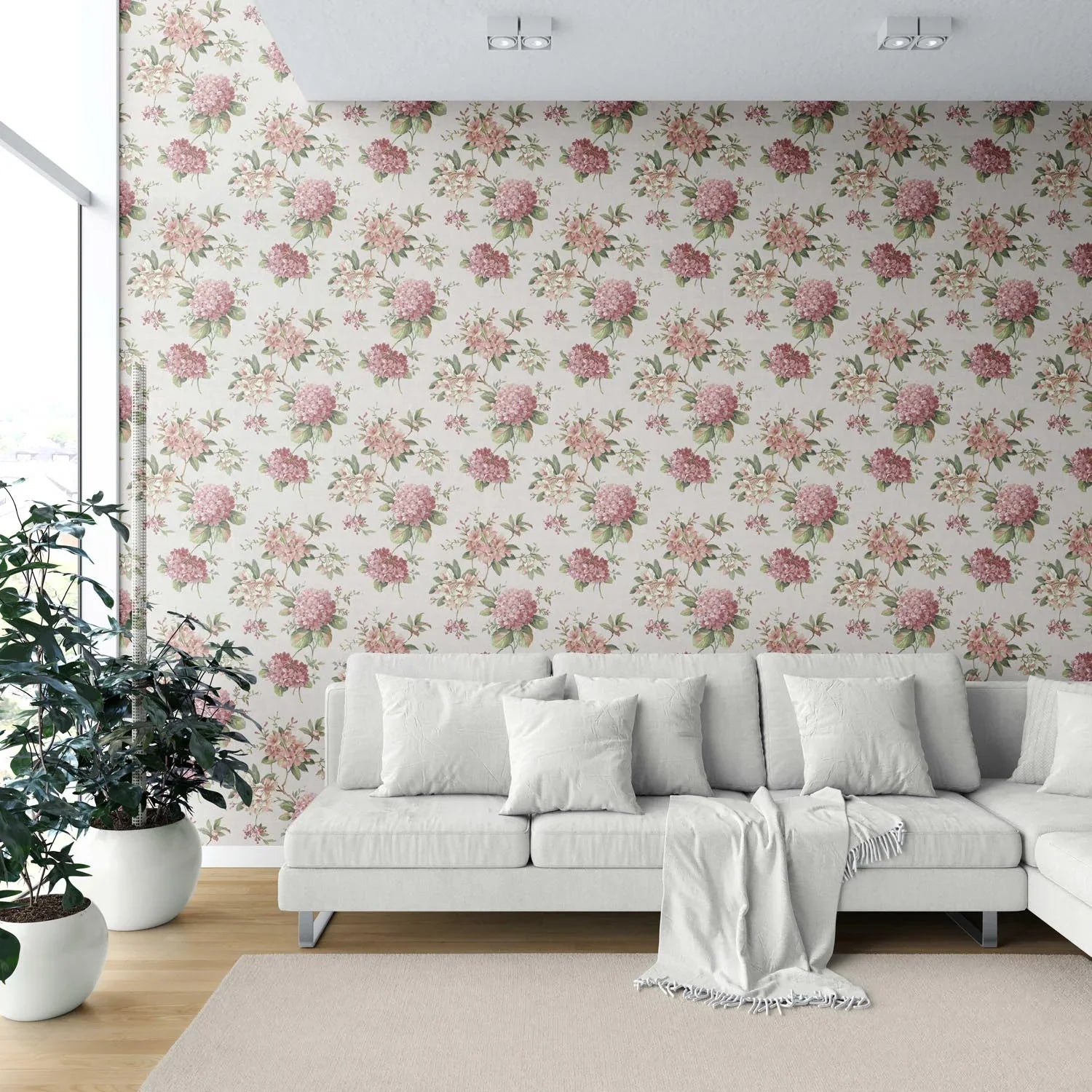 Modern Floral Block Print Shower Toilet Wallpaper Sample (Blush Pink/ Green)