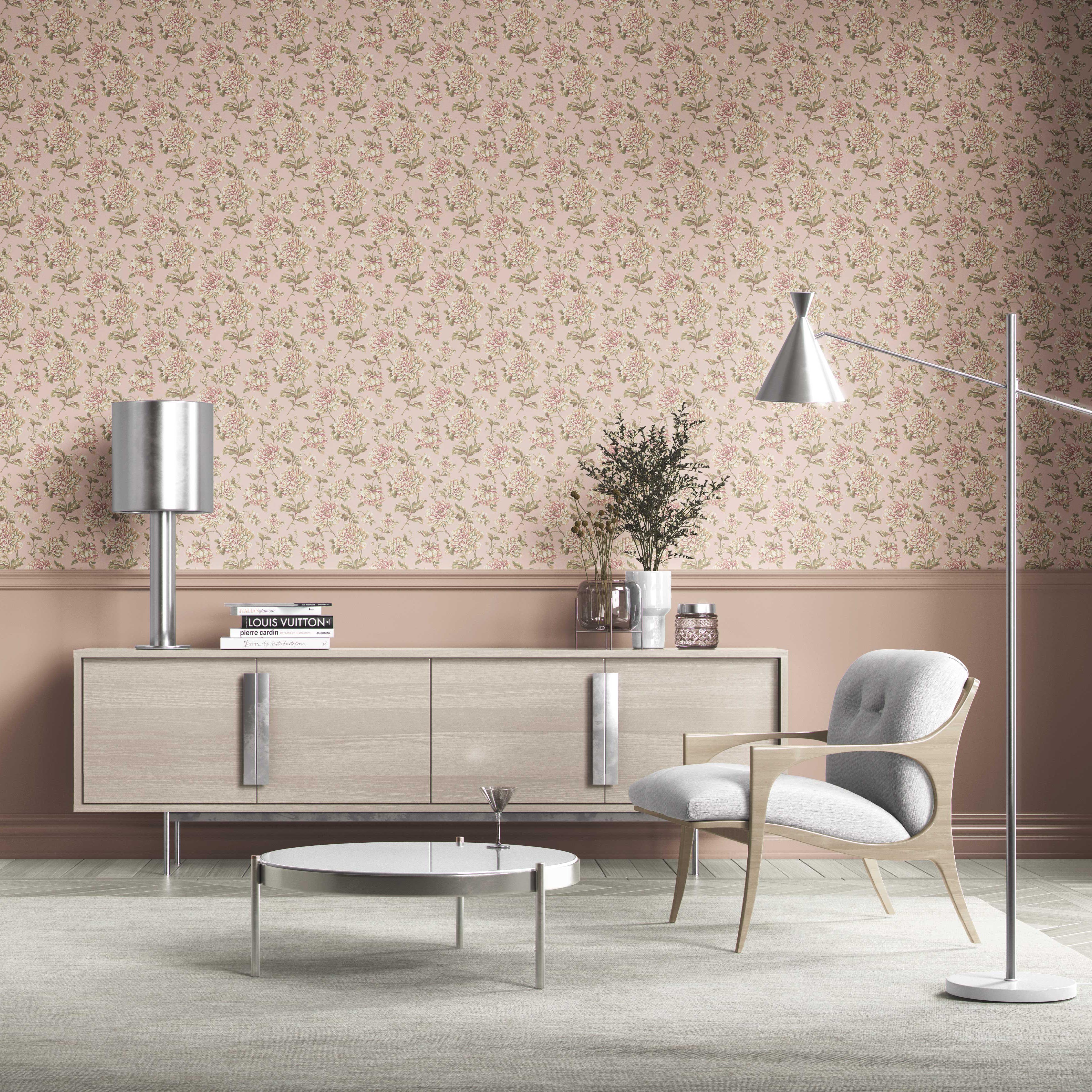 Chinoiserie/ English Floral Kitchen Wallpaper Sample (Soft Pink/ Peach/ Green/ Cream)