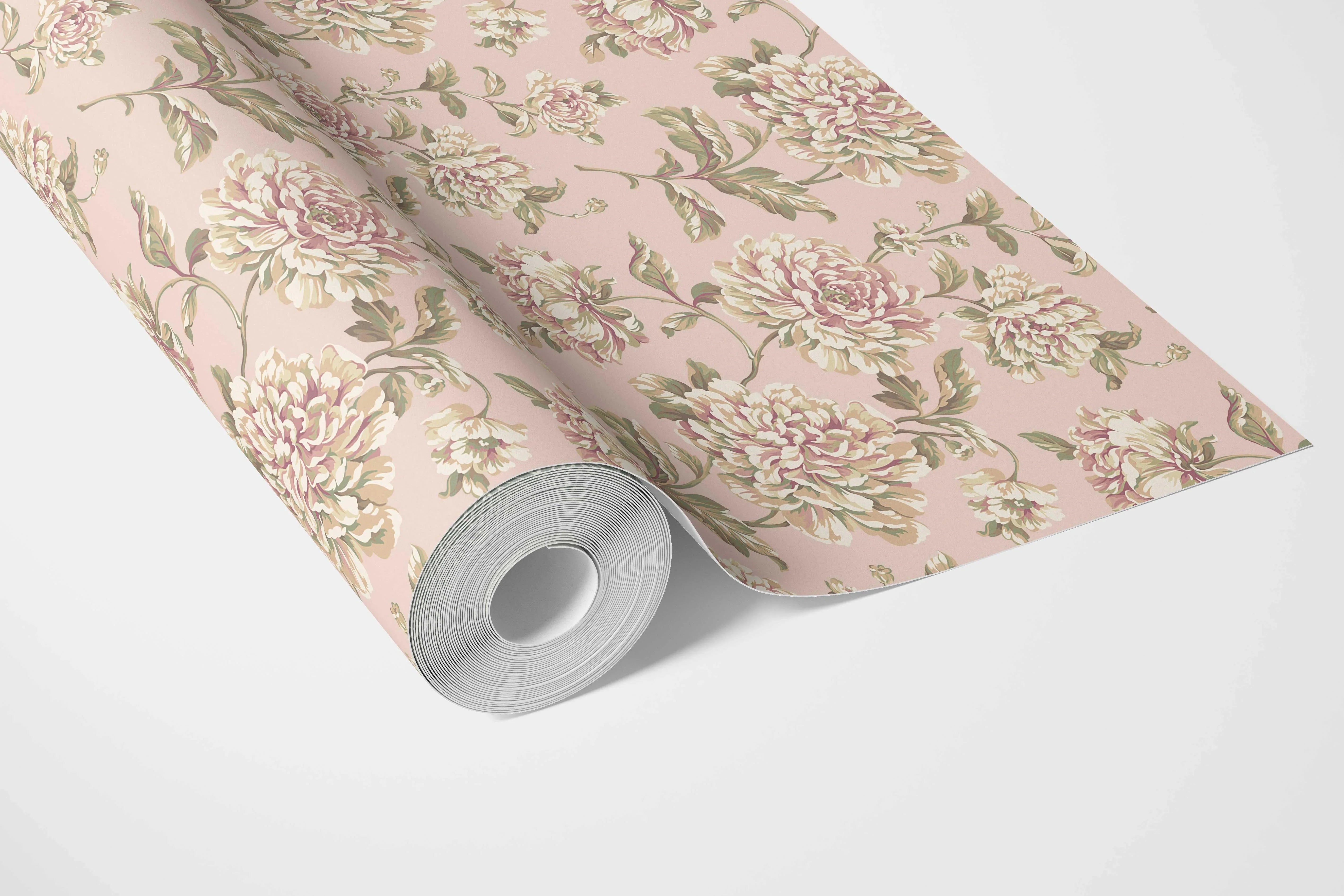 Chinoiserie/ English Floral Bathroom Wallpaper Sample (Soft Pink/ Peach/ Green/ Cream)