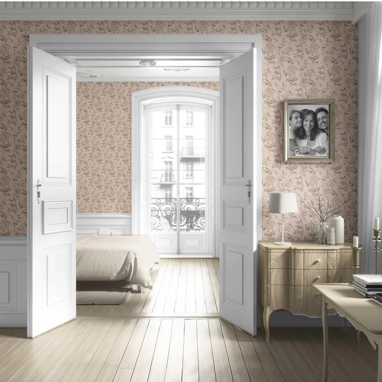 Chinoiserie/ English Floral Living Room Wallpaper Sample (Soft Pink/ Peach/ Green/ Cream)