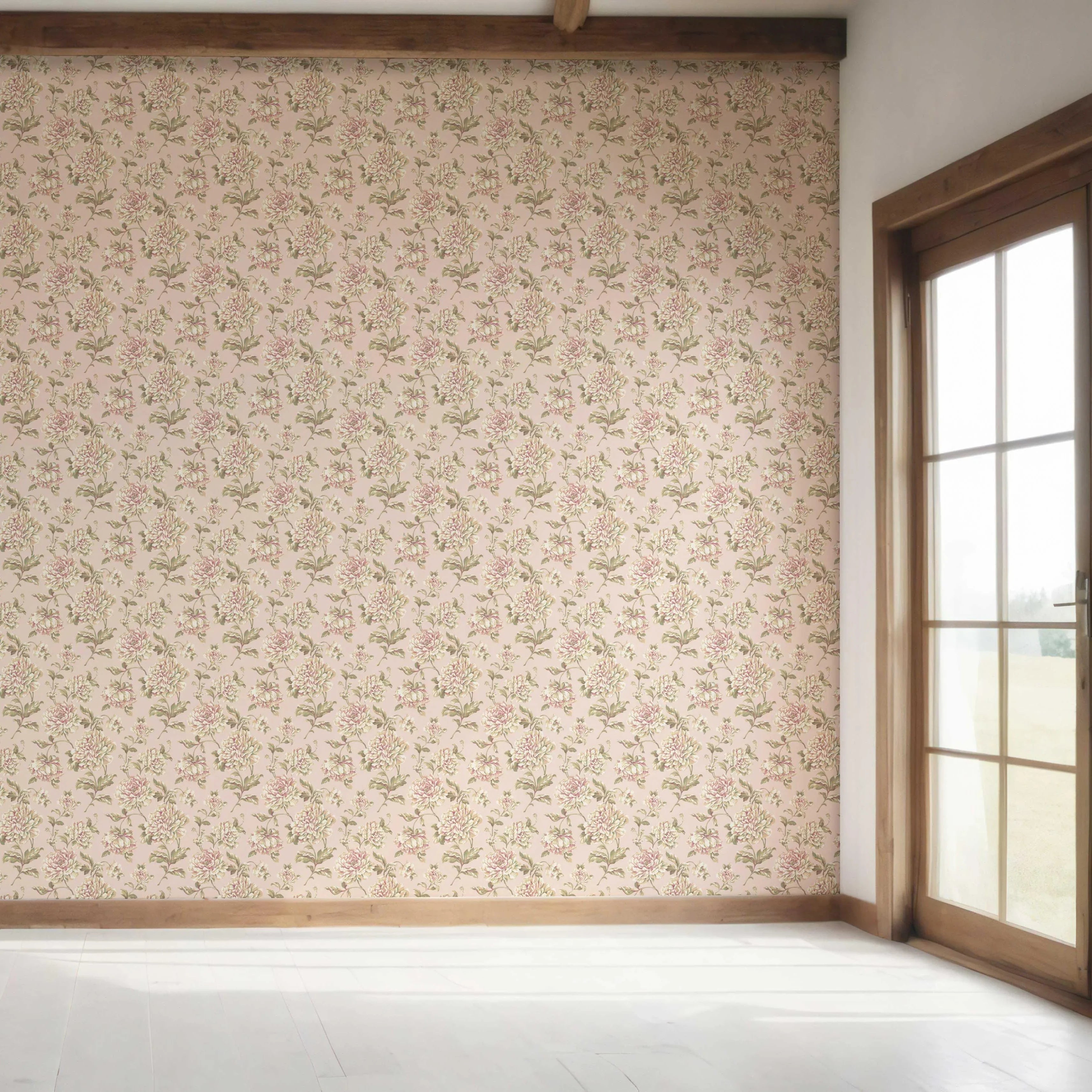 Chinoiserie/ English Floral Bedroom Wallpaper Sample (Soft Pink/ Peach/ Green/ Cream)