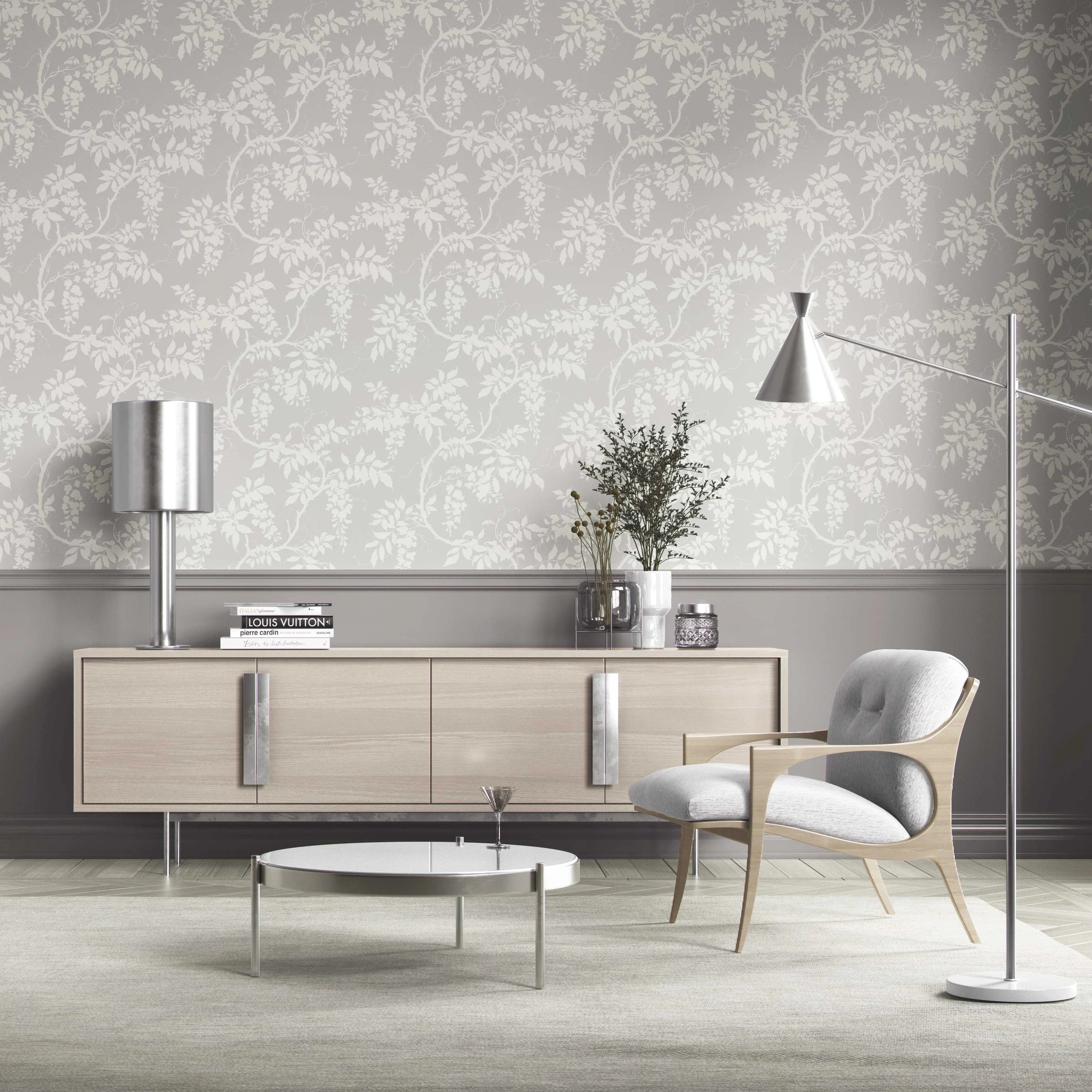 Neutral Floral Vine/ Botanical Kitchen Wallpaper Sample (Dove Grey/ Off-White)