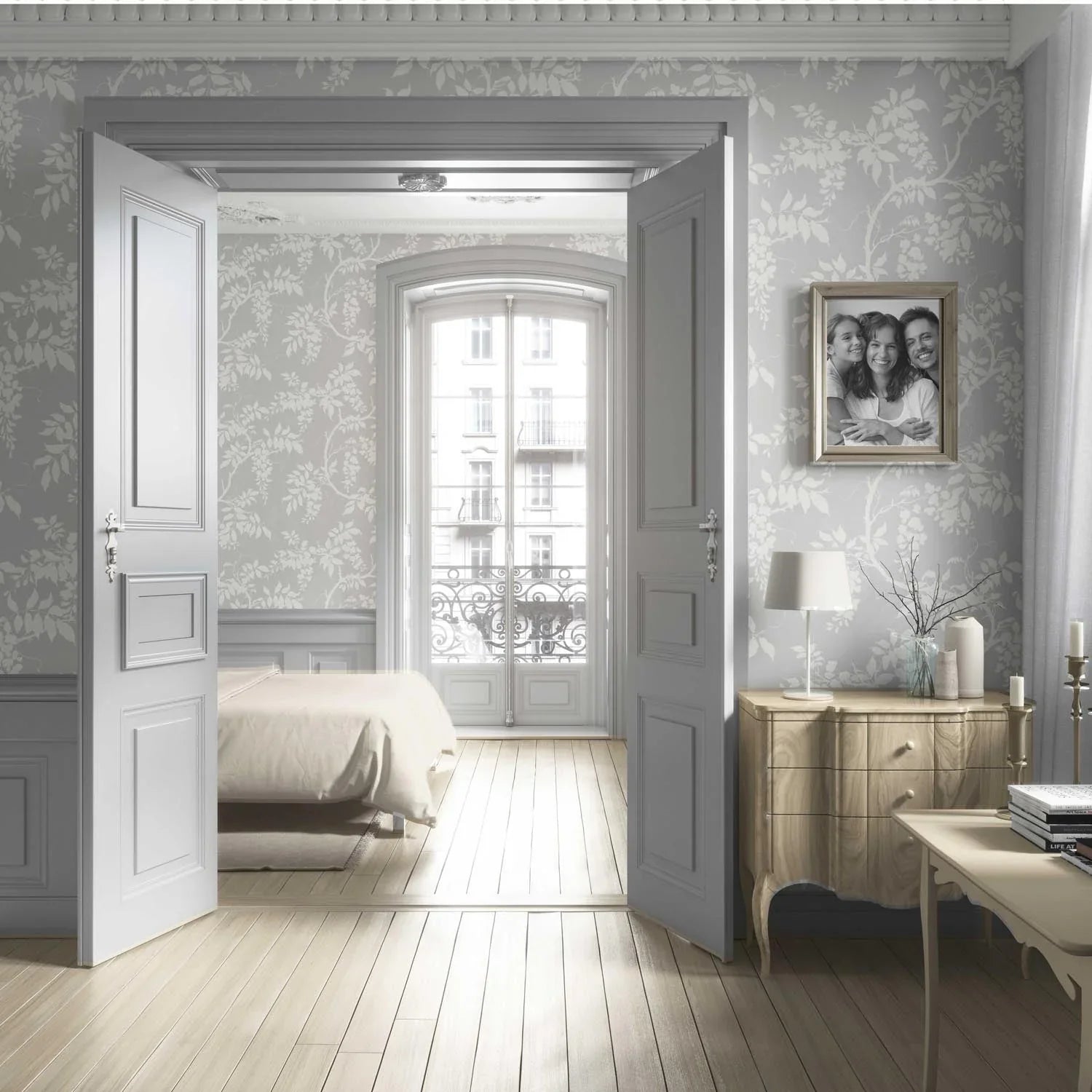 Neutral Floral Vine/ Botanical Living Room Wallpaper Sample (Dove Grey/ Off-White)