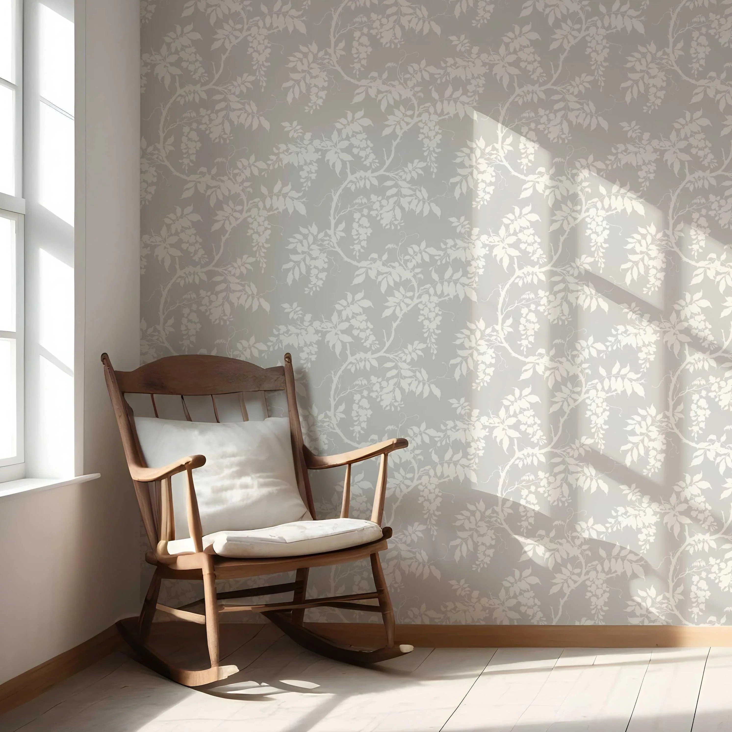 Neutral Floral Vine/ Botanical Nursery Wallpaper Sample (Dove Grey/ Off-White)