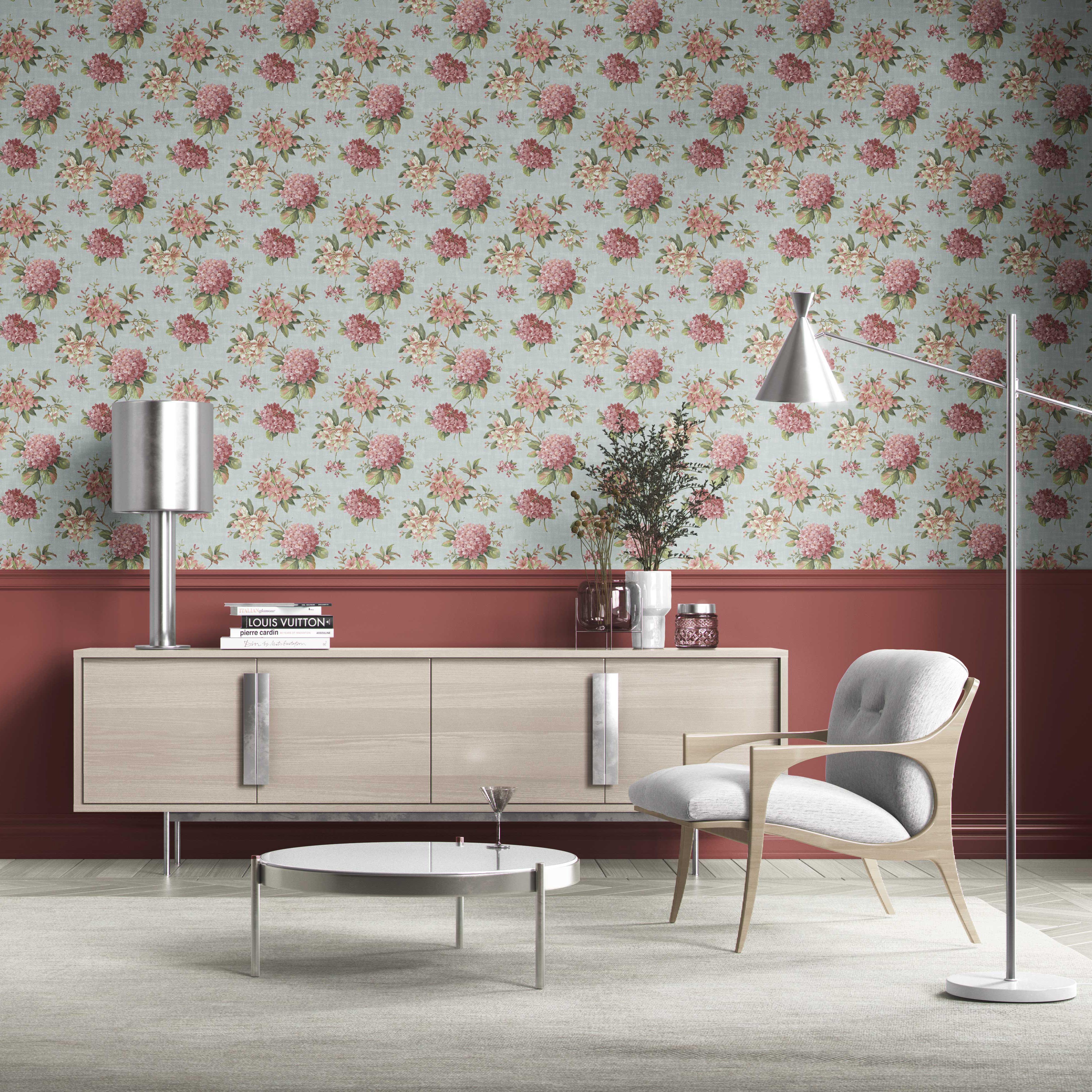 Modern Floral Block Print Kitchen Wallpaper Sample (Blue/ Pink/ Green)