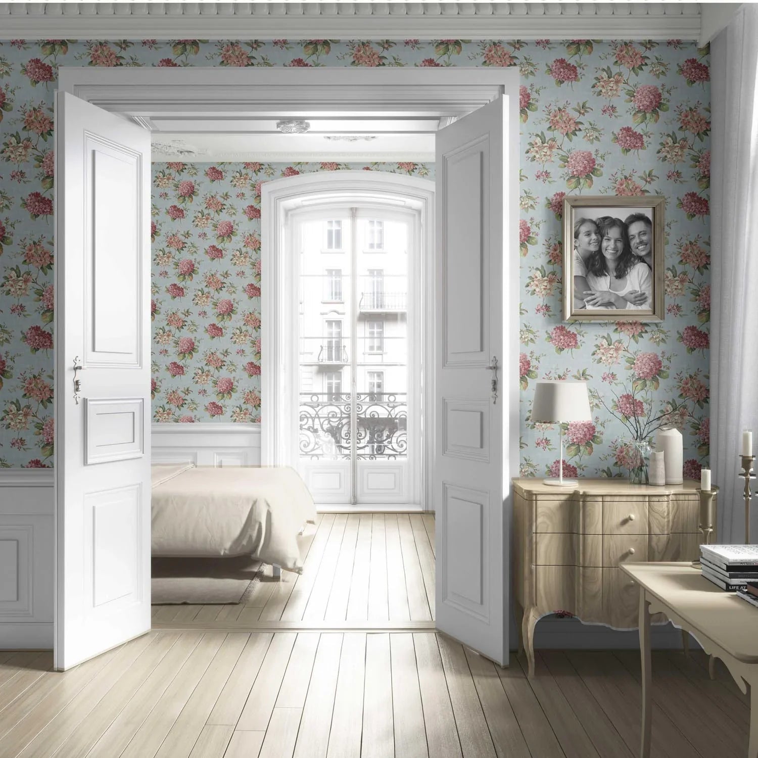 Modern Floral Block Print Living Room Wallpaper Sample (Blue/ Pink/ Green)
